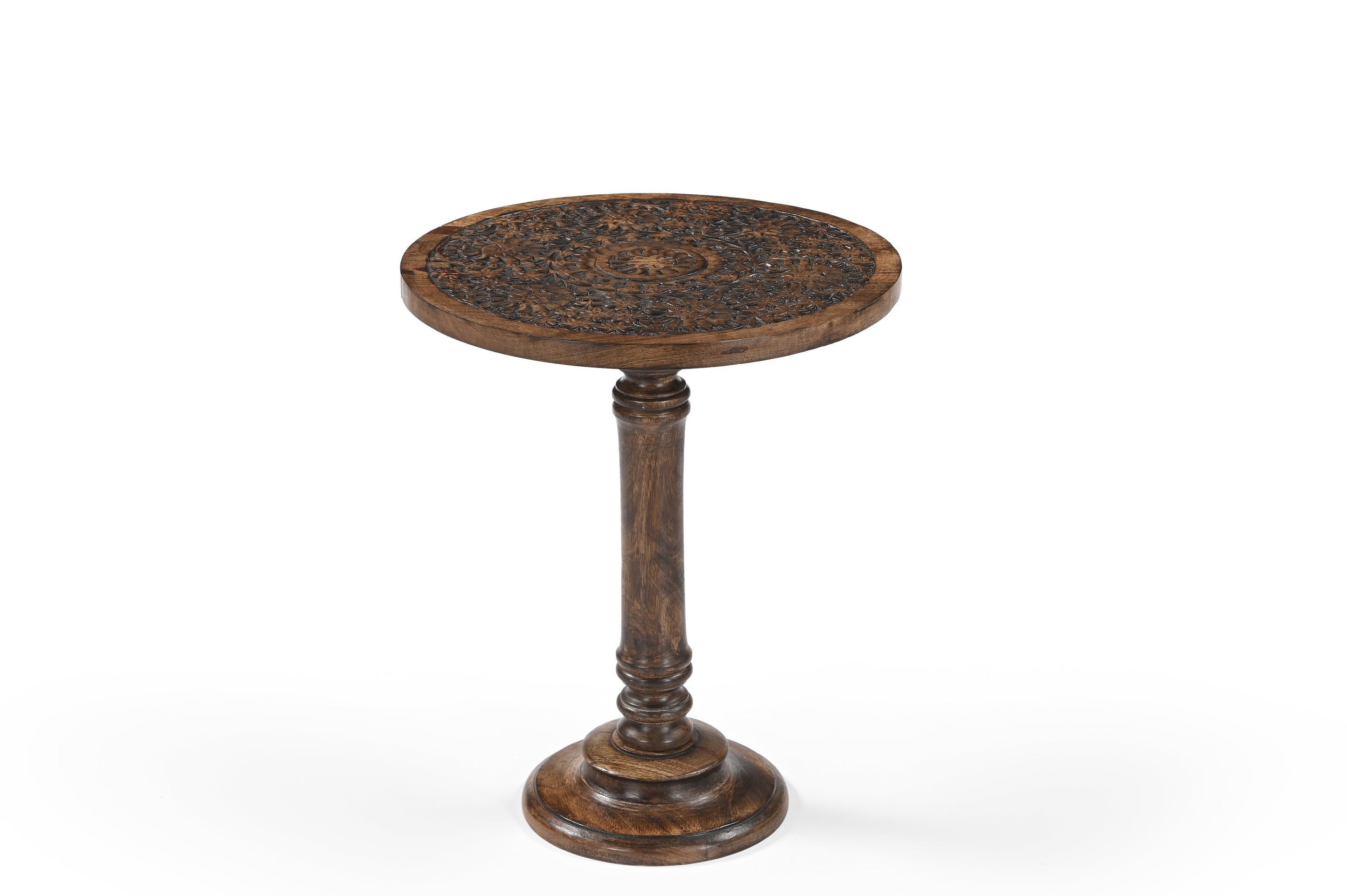 iAnanas Beistelltisch Mangoholz Rund - Handgeschnitzt Boho Vintage Antik (Massivholz Beistelltisch Antikbraun - Rund mit geschnitztem Muster, 1-St), Orientalischer Sofatisch Massivholz - Mandala Holztisch Unikat
