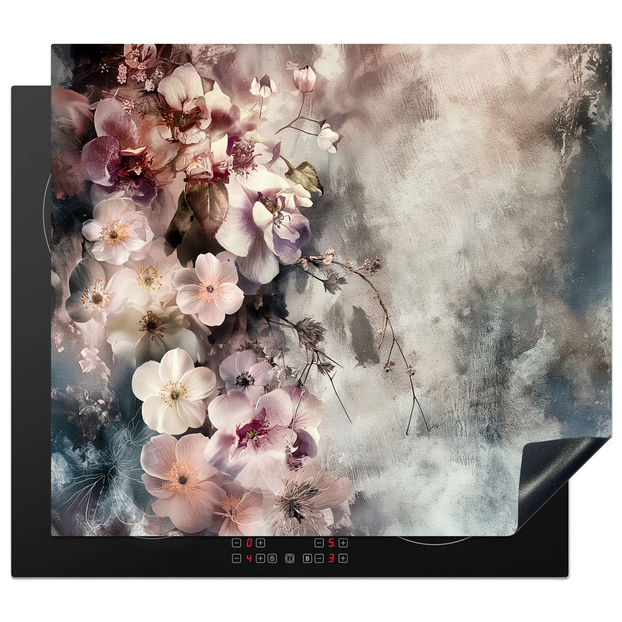 MuchoWow Herd-Abdeckplatte Blumen - Rosa - Nebel, Vinyl, (1 tlg), Ceranfeldabdeckung Küche, Herdabdeckplatte Einteilig, 60x52 cm