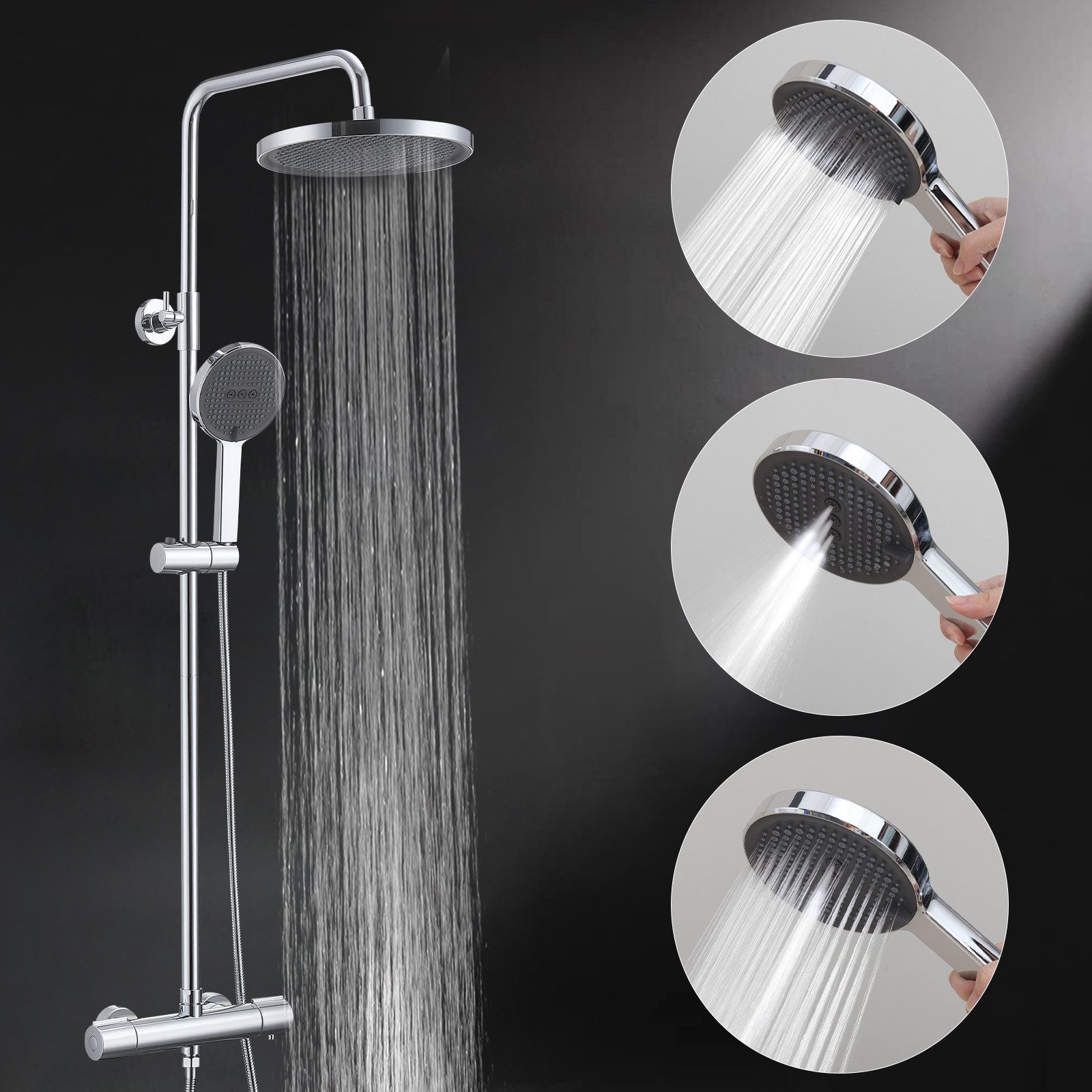HOMELODY Duschsystem Thermostat-Duschset mit verchromtem Rundrohr & 3-Funkt günstig online kaufen
