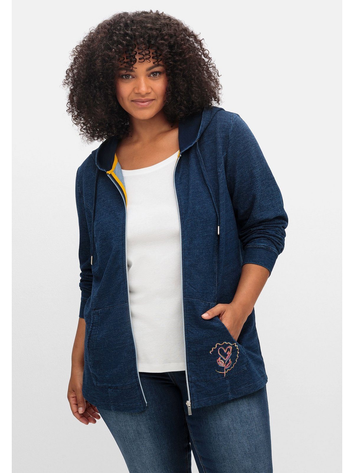 Sheego Sweatjacke Große Größen mit Kapuze, im Denim-Look