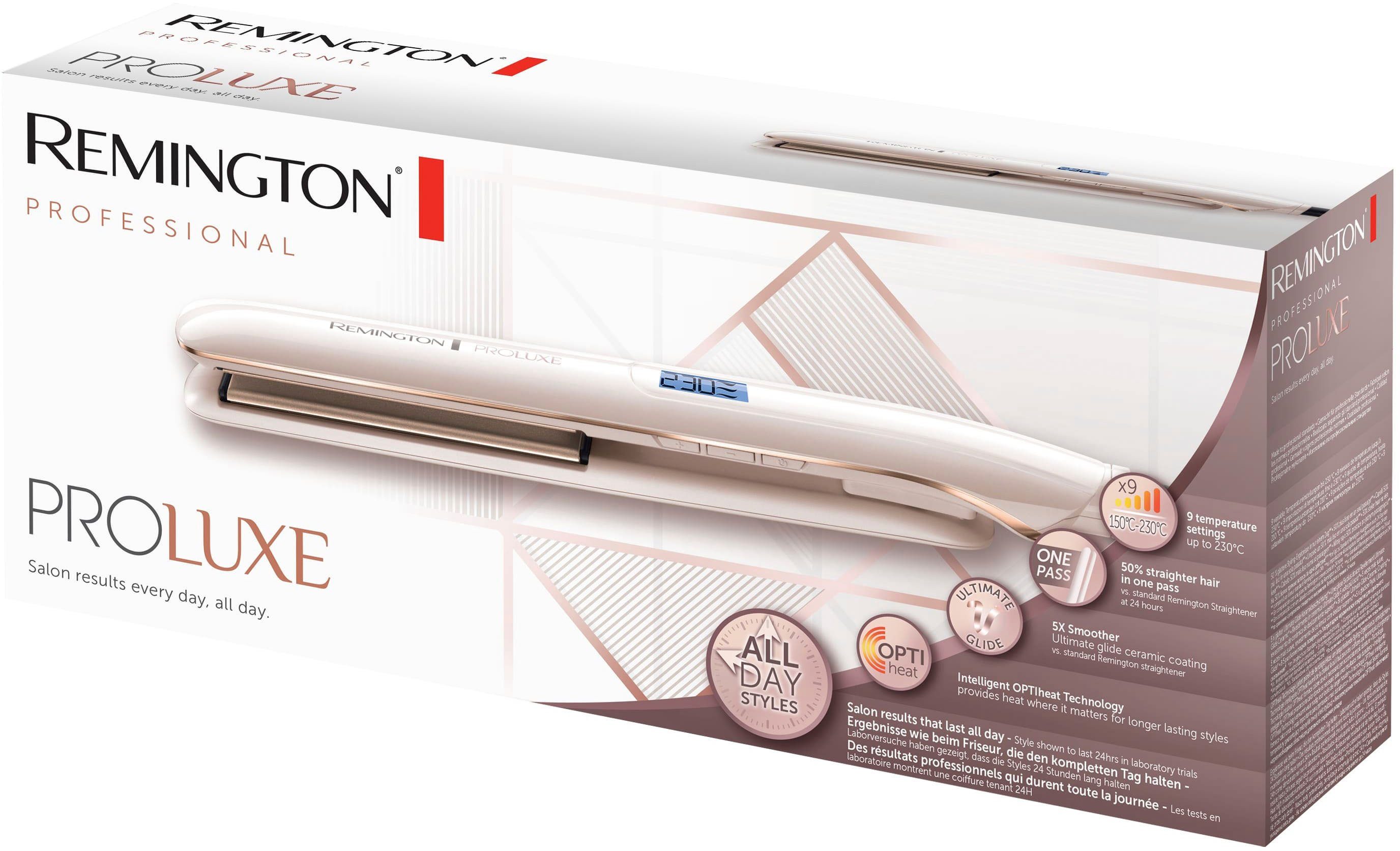Remington Glätteisen PROluxe, S9100, Haarglätter Ultimate-Glide-Keramik-Beschichtung, OPTIheat-Technologie für schonendes Styling beige|rosa