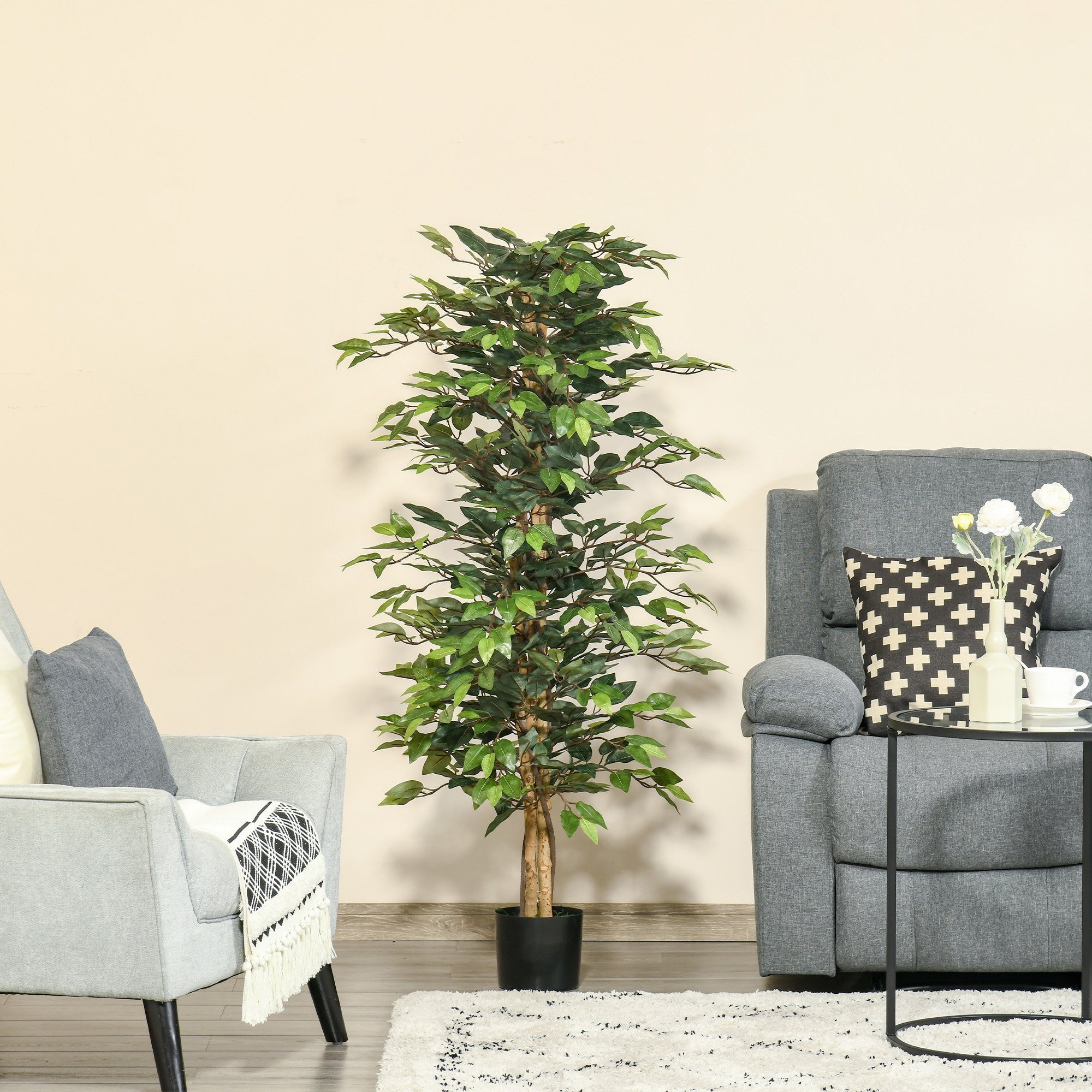 Pflanze künstlicher künstliche im Ficus-baum Höhe 150 cm, Zimmerpflanze Kunstpflanze Banyan, Kunstbaum HOMCOM, Topf