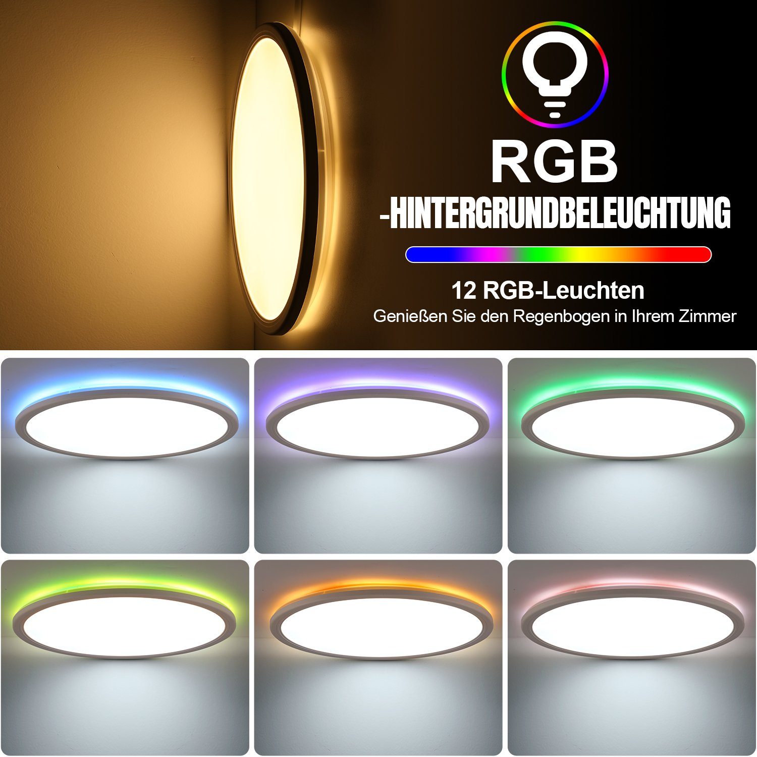 LETGOSPT LED Deckenleuchte Dimmbare, 24W Wohnzimmer Ultra LED Schlafzimmer Bad 30 Dünn Rund x 3cm, LED fest RGB Deckenlampe für Deckenbeleuchtung, Hintergrundlicht integriert, Kaltweiß+Naturweiß+Warmweiß+RGB, Flach Küche