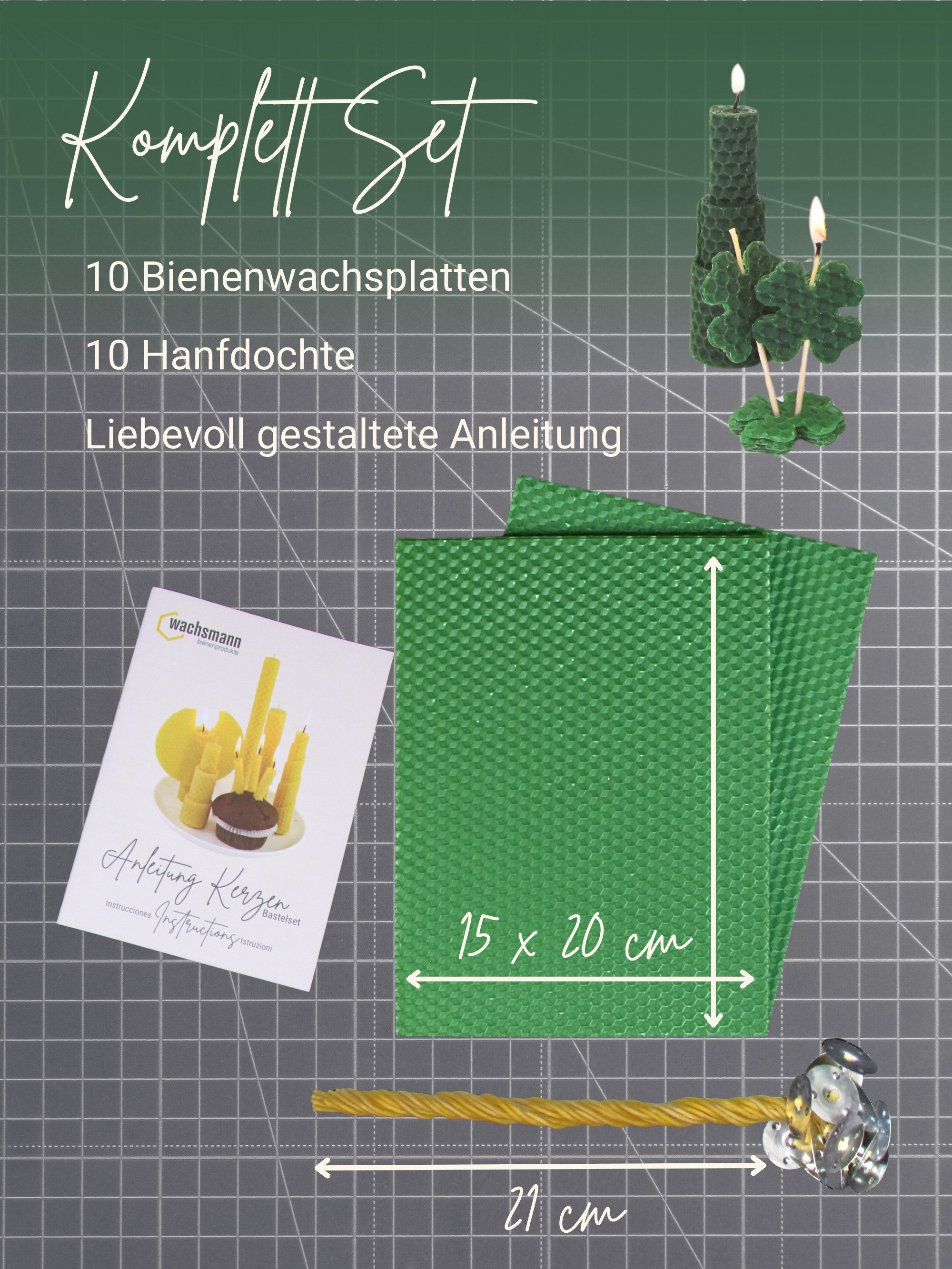 Wachsmann Bienenprodukte Bienenwachskerze Bastelset für Erwachsene, 10 Bienenwachsplatten (aus Deutschland, mit Hanfdochten für 10 Kerzen), 100 % reines Bienenwachs