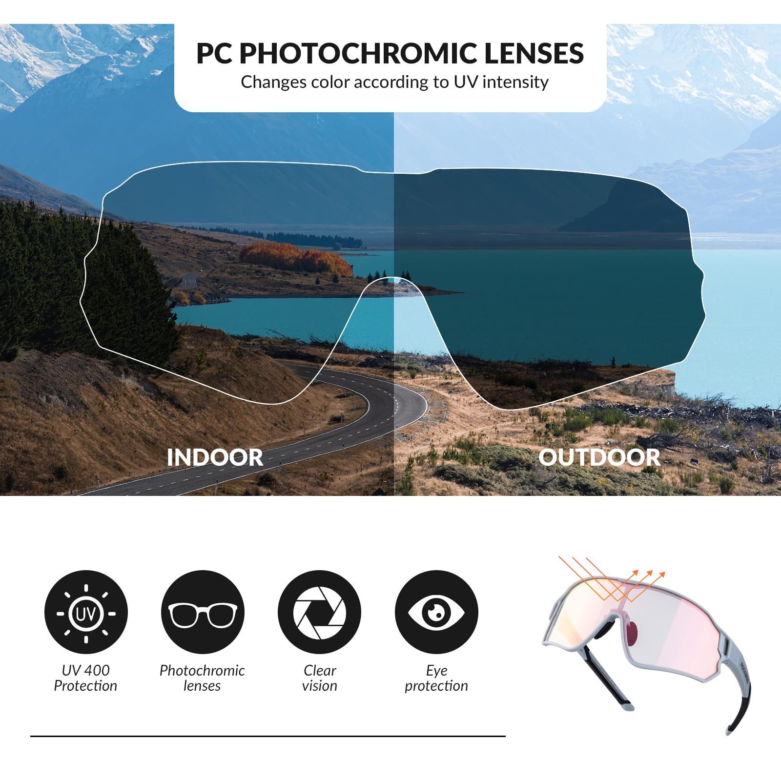 ROCKBROS Fahrradbrille Sonnenbrille Photochrom UV400 Damen Herren Windschutzbrille, (1-St), Sportbrille Radbrille zum Radfahren