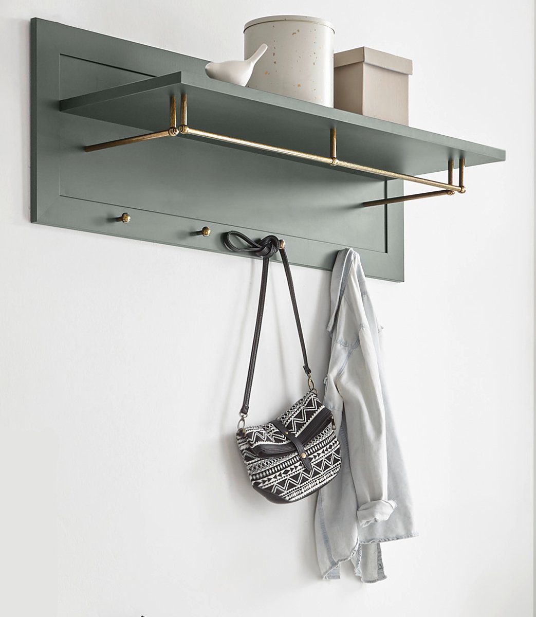 Furn.Design Garderobenpaneel Forres (Wandgarderobe in Landhaus grün, 109 x 40 cm), Metall-Kleiderstange Messing Antik