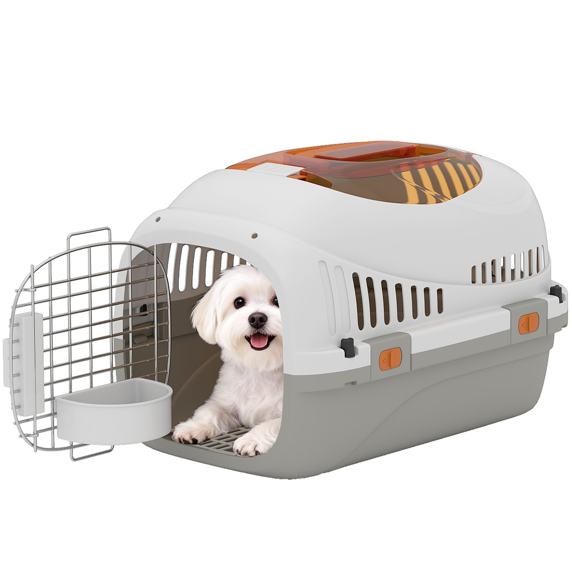 PawHut Tiertransportbox Transportbox für Katze Miniaturhunde bis 4 kg, mit Dachöffnung Futternapf Sicherheitsverschluss 49x32x31cm Hellgrau