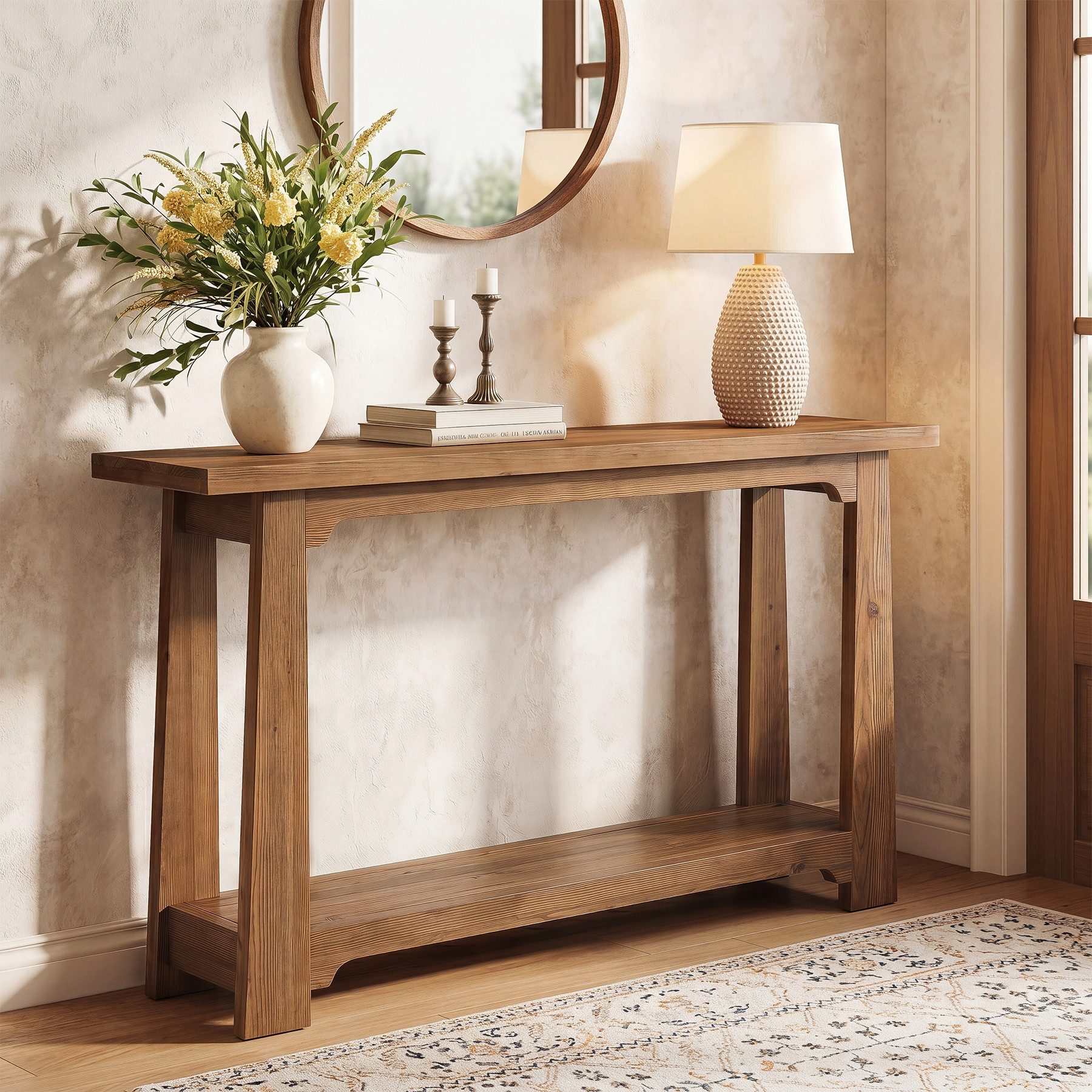Tribesigns Konsolentisch Massivholz 140 cm, Schmaler Flurtisch im Landhausstil mit Ablage (Sofatisch Hinter dem Sofa für Flur, Wohnzimmer und Eingangsbereich), Eingangstisch aus Echtem Tannenholz