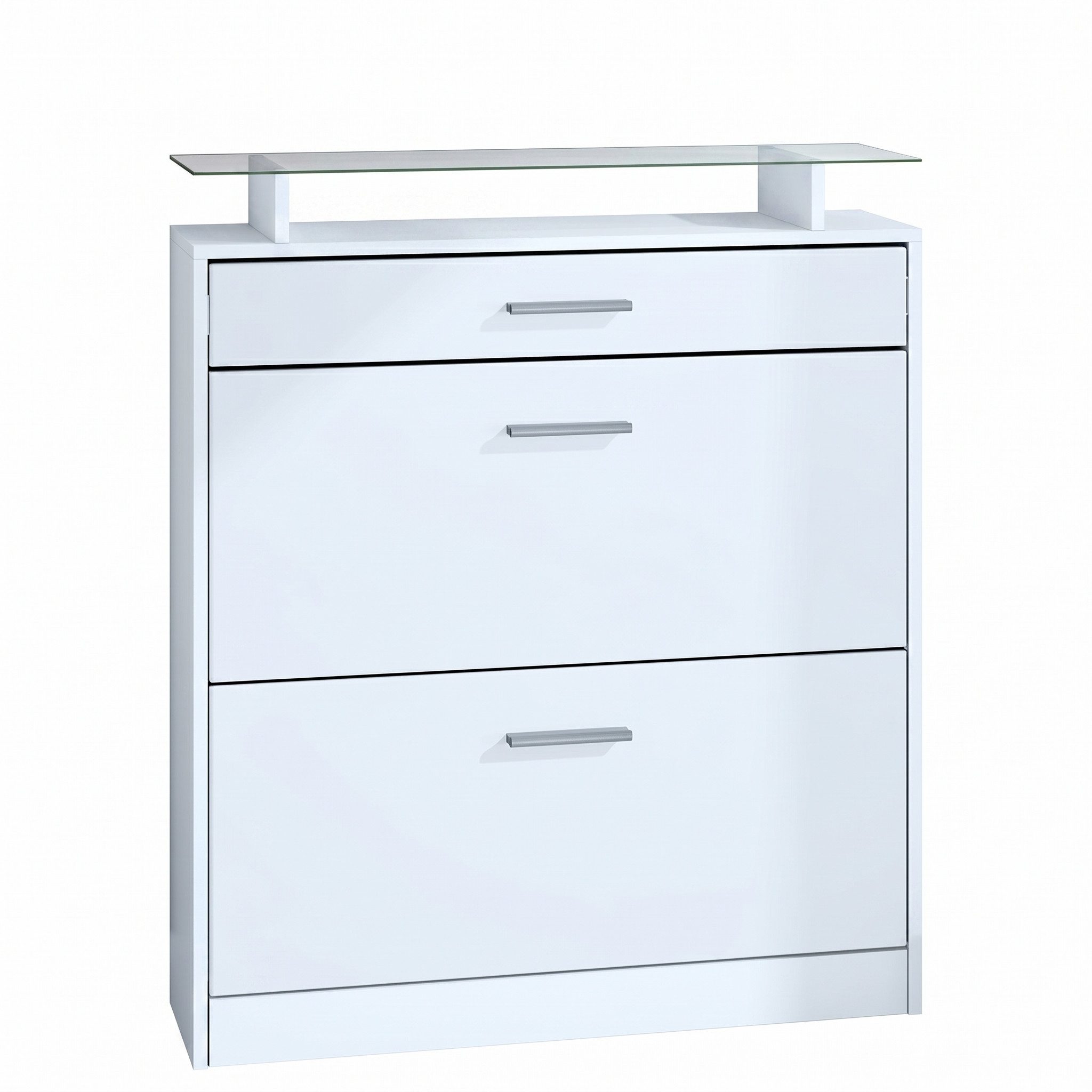 Vladon Schuhschrank Loret (hängender Schuhkipper für 16 Paar Schuhe, mit 2 Klappen und 1 Schublade und Glasablage) Weiß matt (89 x 104 x 23 cm)