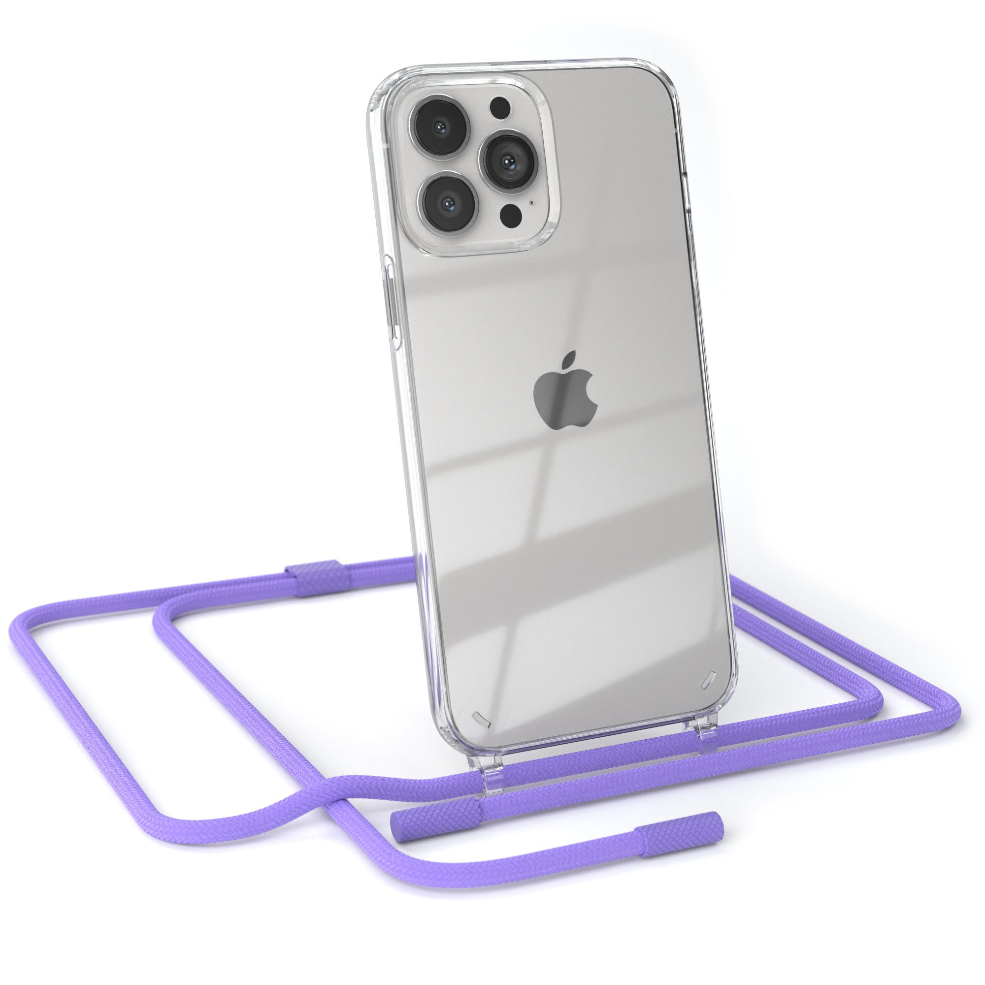 EAZY CASE Handykette Silikon Kette Unifarbe für iPhone 13 Pro Max 6,7 Zoll, Ketten Kordel Transparent Case abnehmbare Handyhülle Flieder Lila Gold