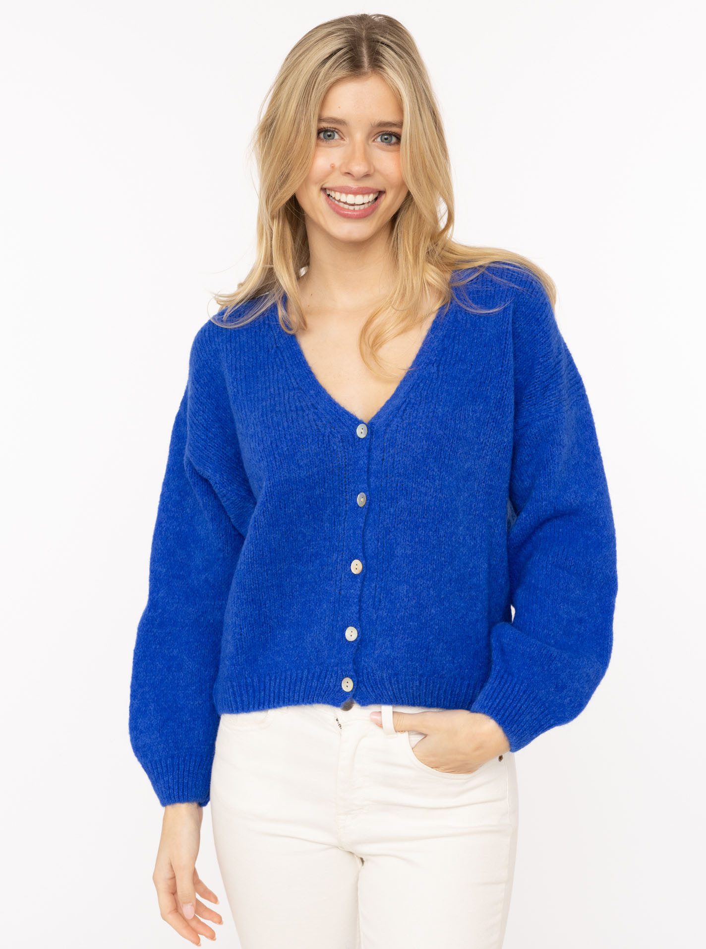 Zwillingsherz Strickjacke "Uni" One Size, Langarm, Knopfleiste, tiefer V-Ausschnitt, Wollanteil