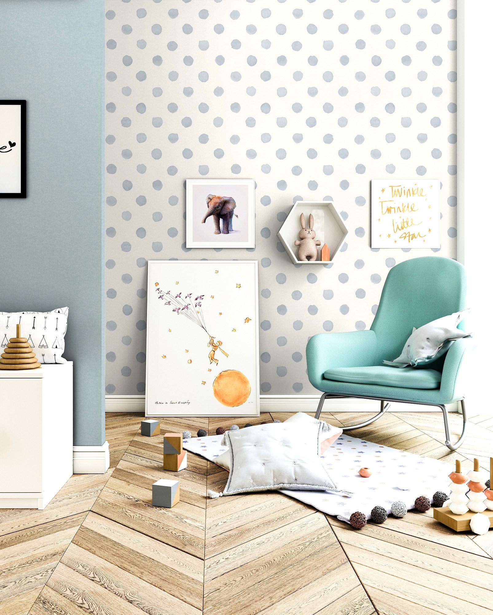 Newroom Vliestapete Big Dots Blue Tapete Kindertapete Kreise,Punkte,Wasserfarbe, Blau Tapete Kinder Kreise - Kindertapete Jugendtapete Weiß Verspielt Punkte Wasserfarbe für Kinderzimmer Jugendzimmer Babyzimmer, Jugendtapete