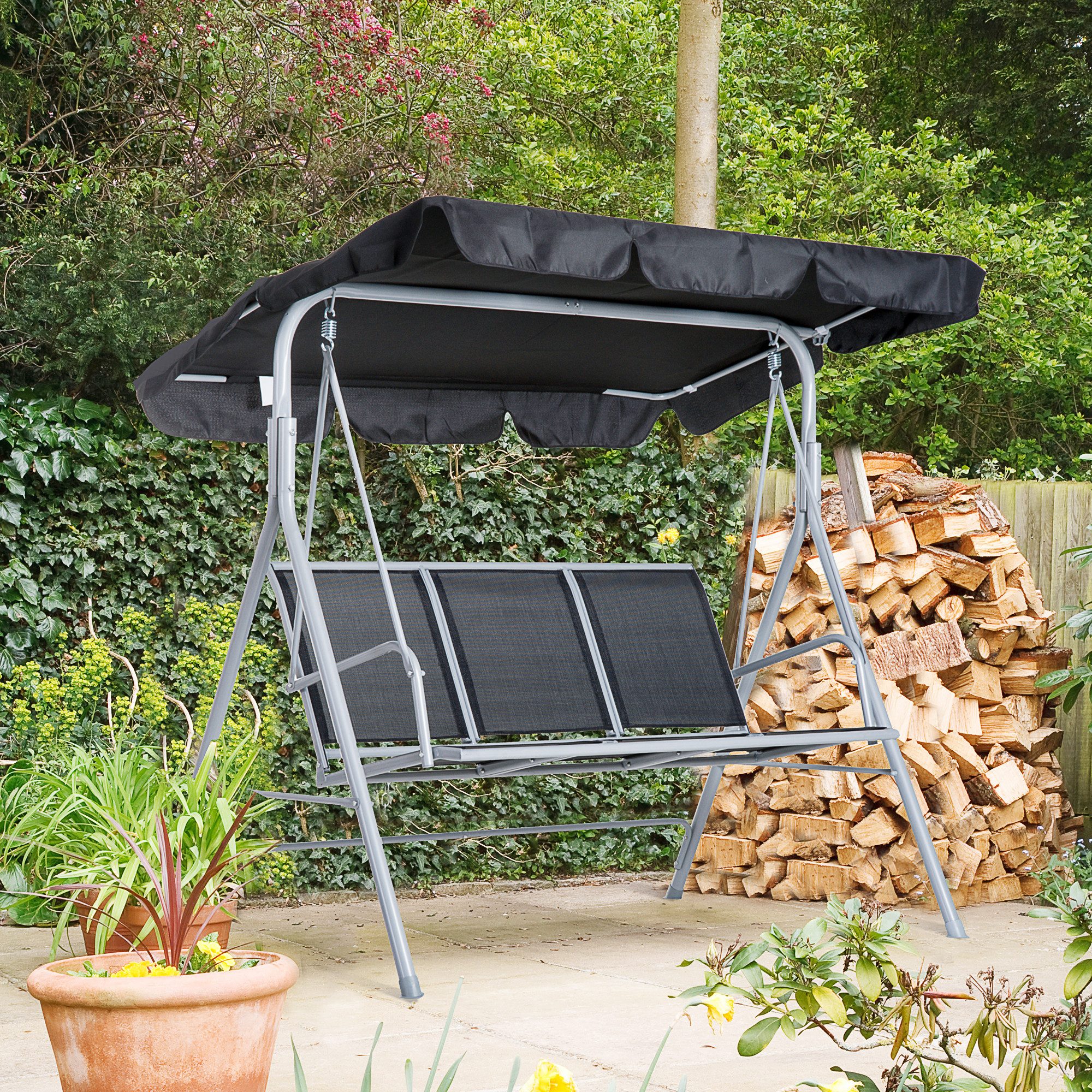 Outsunny Hollywoodschaukel inkl. Sonnendach, 3-Sitzer, verstellbar Sonnendach, Gartenschaukel, 1 tlg., Hollywoodschaukel, für Garten, Balkon, Schwarz