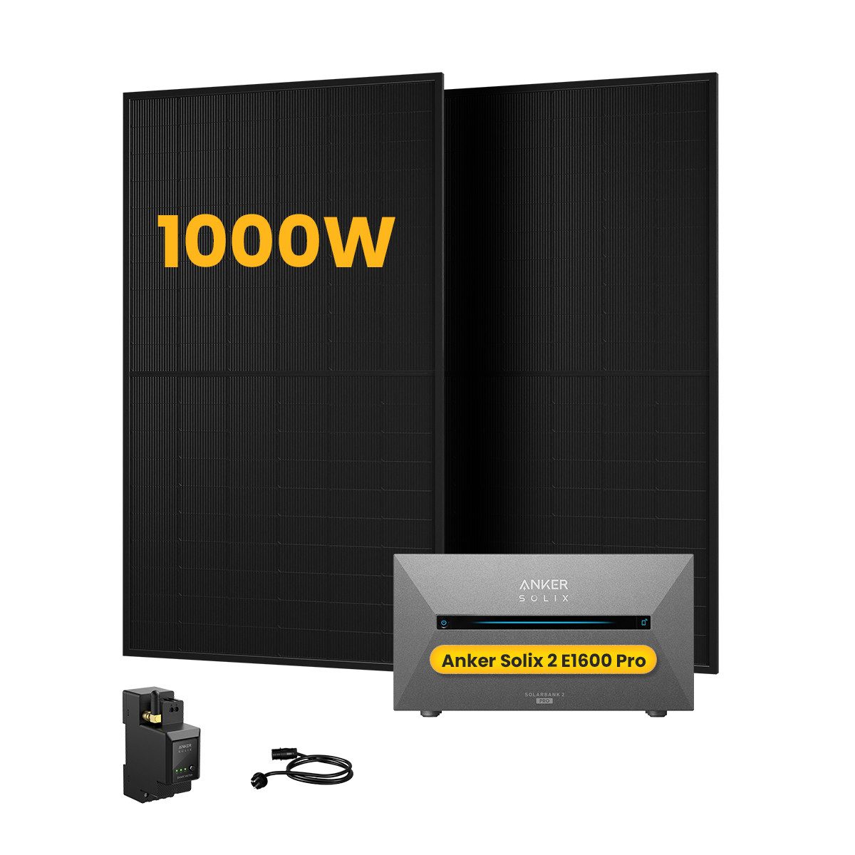 Anker Balkonkraftwerk 1000W Solaranlage Anker Solix Solarbank 2 E1600 Pro Speicher, (2x 500Wp Paneele und Smart Meter im Lieferumfang enthalten), Speicher mit integriertem Wechselrichter, All-in-One 1600 Wh Akku