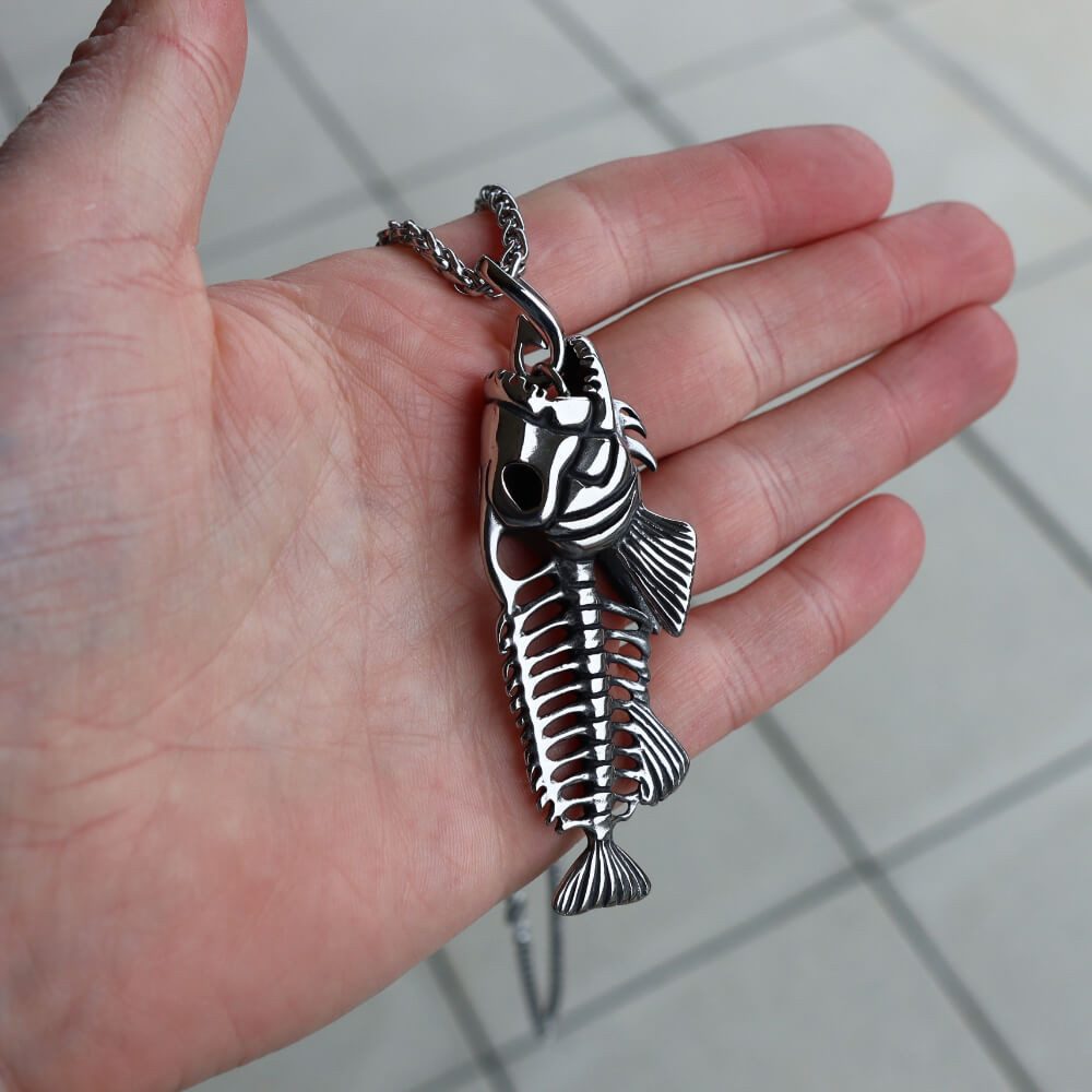 DALMARO Kette mit Anhänger Lederkette Edelstahlkette 316L FISH SKELETON, Herren Halskette Biker / Wikinger Kette - Schmuckbox