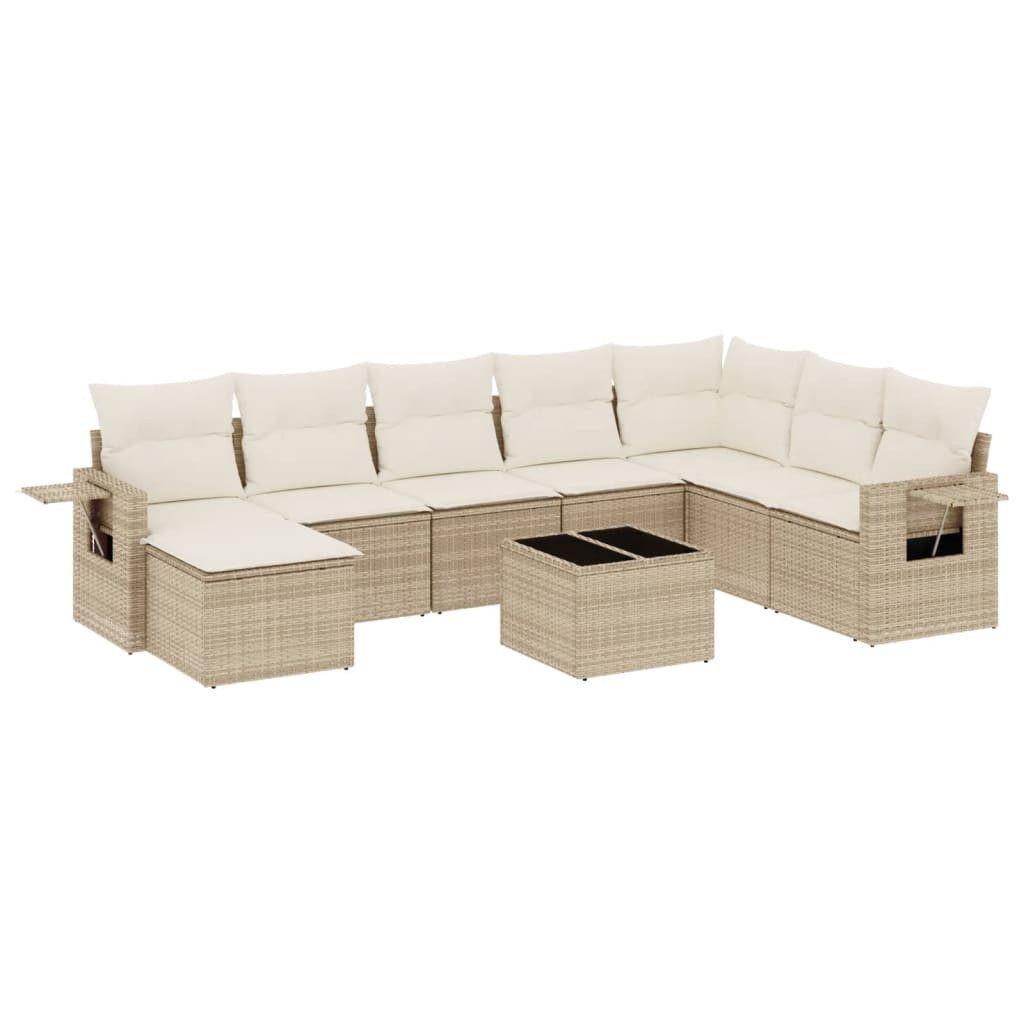 Gartenlounge-Set 9-tlg. Garten-Sofagarnitur mit Kissen Beige Poly Rattan