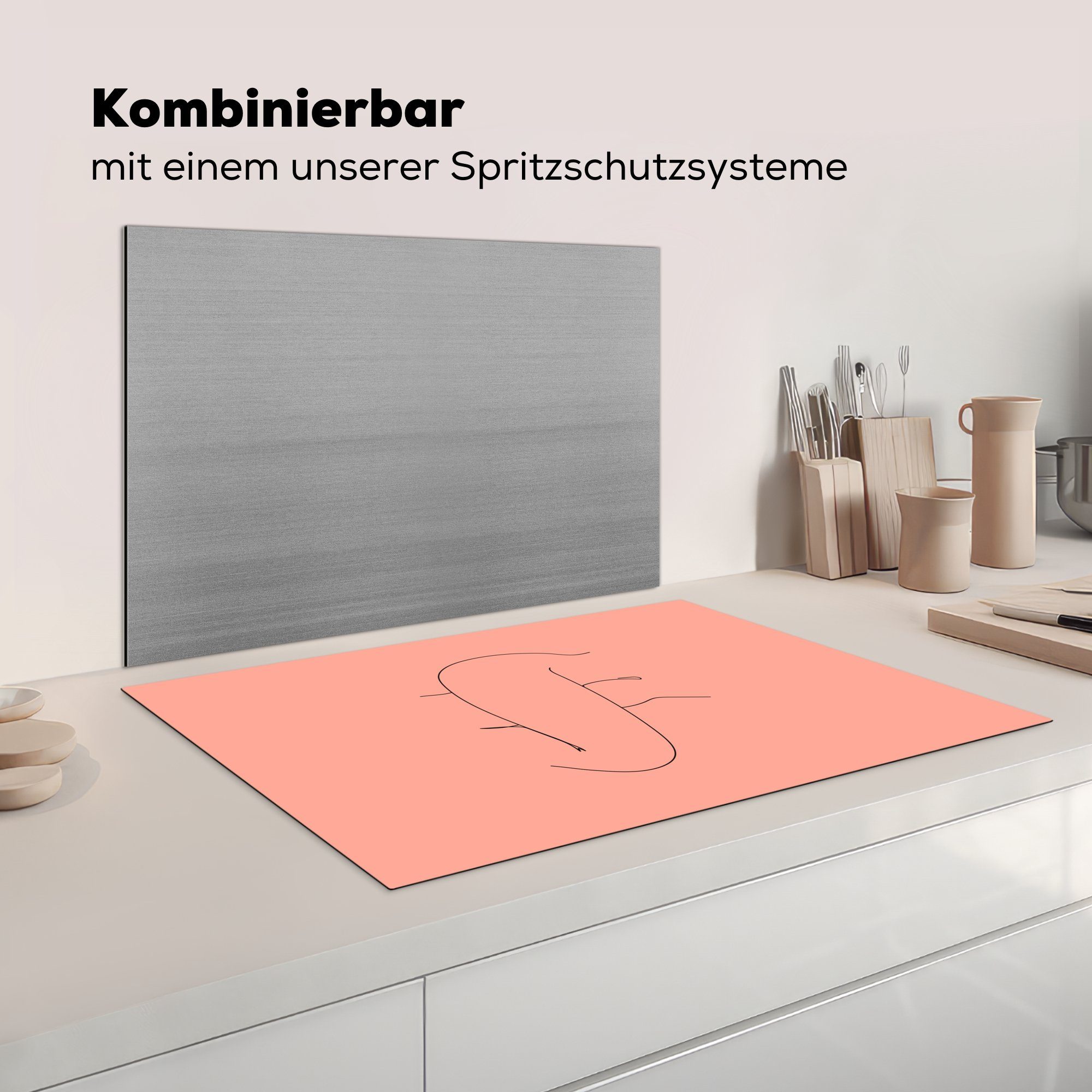 küche, Herdblende-/Abdeckplatte Induktionskochfeld (1 Vinyl, für die Rosa, - tlg), Strichzeichnung cm, - Schutz MuchoWow Ceranfeldabdeckung Frau 81x52