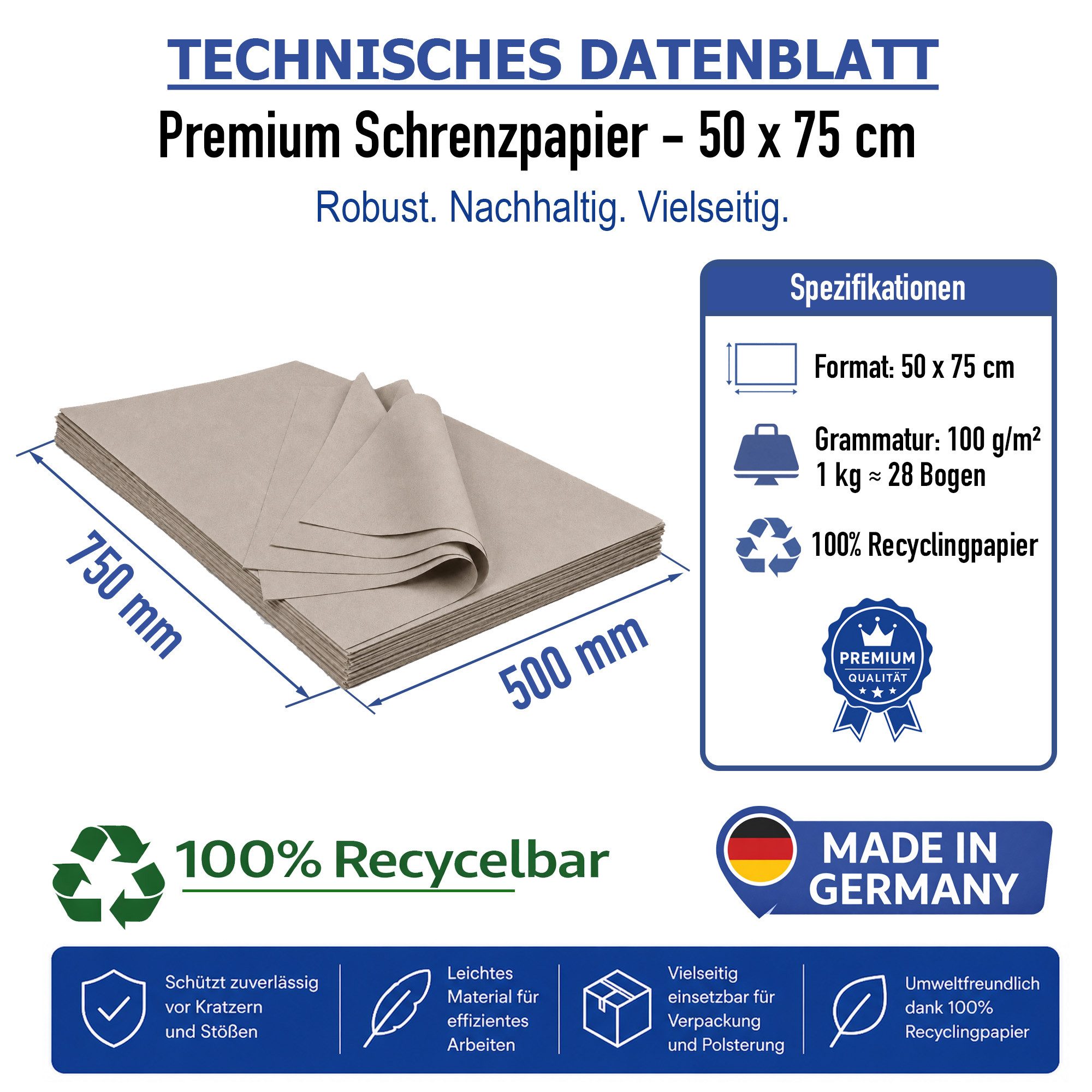 Papieronkel Recyclingpapier Packpapier Schrenzpapier Bogen 50x75cm 100g/m² für Umzug & Versand, 5kg Einschlagpapier, 100% Öko-Recycling, Made in Germany, plastikfrei