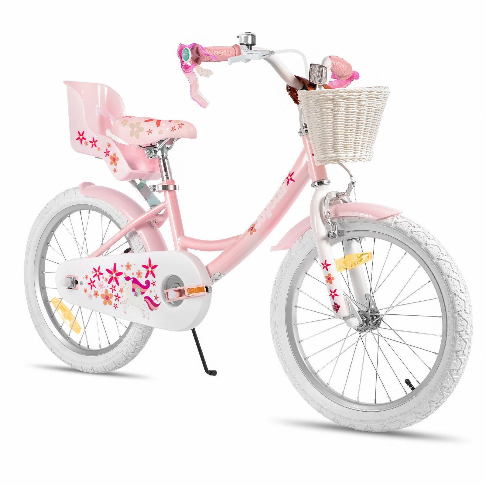 JOYSTAR Kinderfahrrad 12 14 16 18 Zoll Mädchenfahrrad, 3 - 9 Jahre, Geschenk für Prinzessin, 1 Gang, Puppenradsitz & Stützrädern& Korbstreamer, 18 Zoll mit Stützrädern