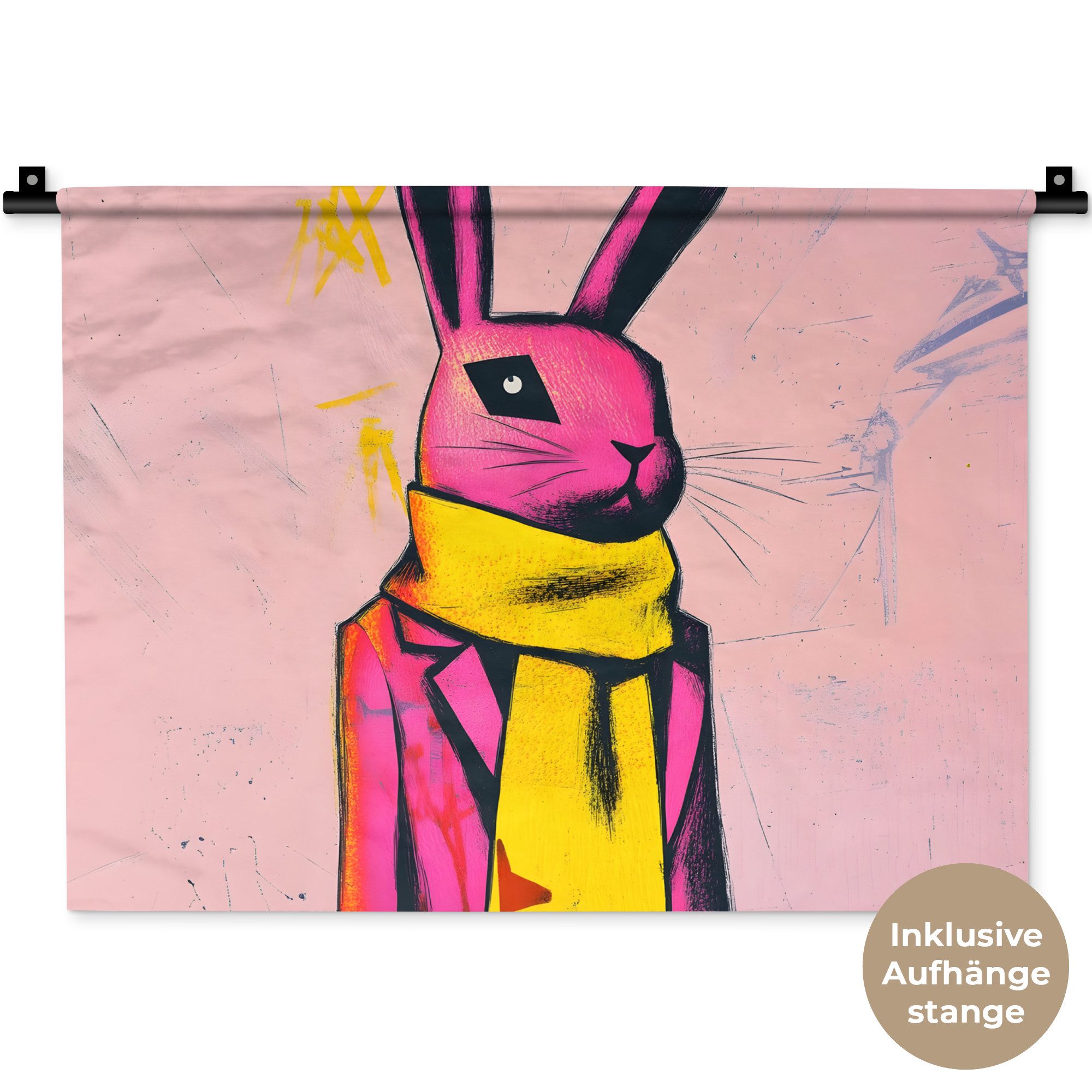 MuchoWow Wandteppich Abstrakt - Kaninchen - Halstuch - Gelb, Rechteckig, Höhe: 3 mm, Wanddeko Teppich Wohnzimmer, Schlafzimmer, 60x45 cm