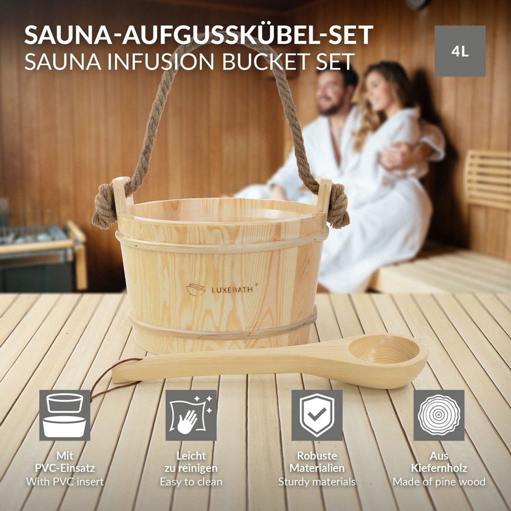 LuxeBath Sauna-Aufgussset 2-teilig Saunazubehör-Set aus massivem Kiefernholz, Sauna Set Zubehör 4L Aufgusskübel mit Seilgriff & Schöpfkelle Saunaeimer Wassereimer