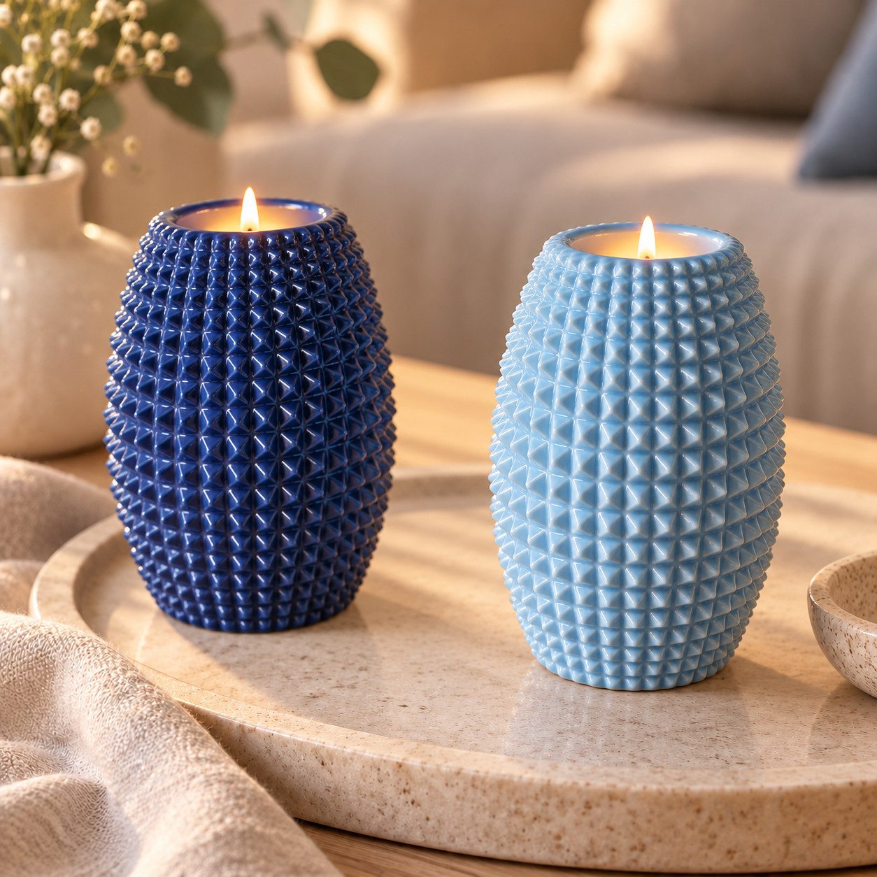 BOLTZE Teelichthalter 2er Set Teelichthalter "Charleston" Steingut mit Reliefmuster in Blau (2 St)