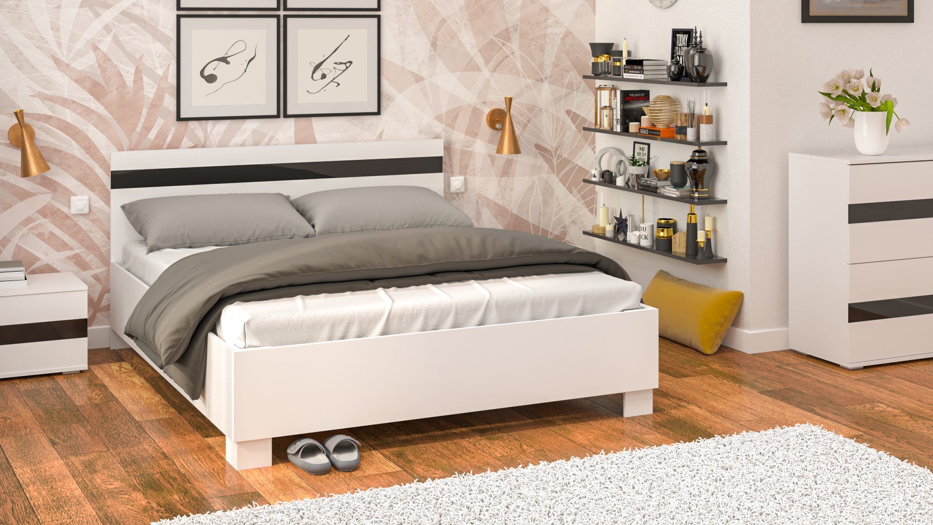 Bett Doppelbett cm - 200x160 Doppelbetten Ellen mit - Möbelplatte Siblo Klassisches - Kopfteil Holzrahmen, Möbelplatte elegantem