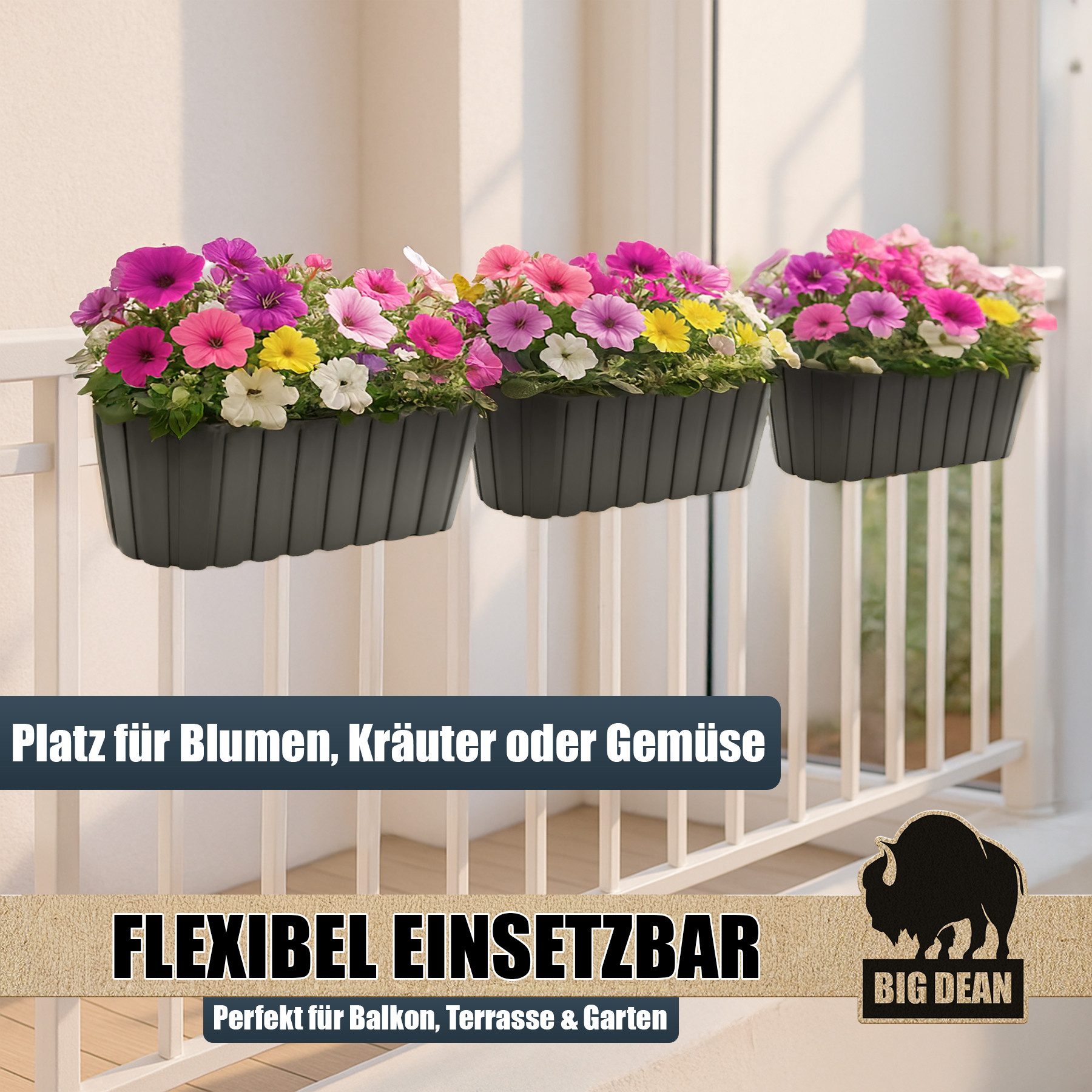 BigDean Blumenkasten 3 Stück Blumenkasten Balkongeländer Balkon (Set, 3 St., Balkonkasten), Balkongeländer aufhängung integriert, Vorgeprägte ablauflöcher