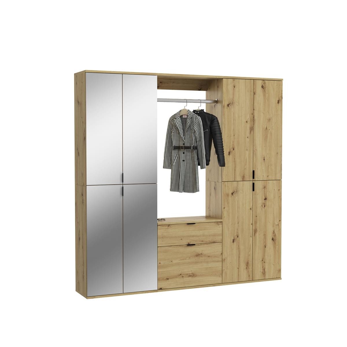 möbelvita Garderoben-Set Vision X Garderobenkombination B/H/T 183x193x34 in Artisan Eiche, (1x Spiegelschrank, 1x Kommode mit Wandboard, 1x Hochschrank)