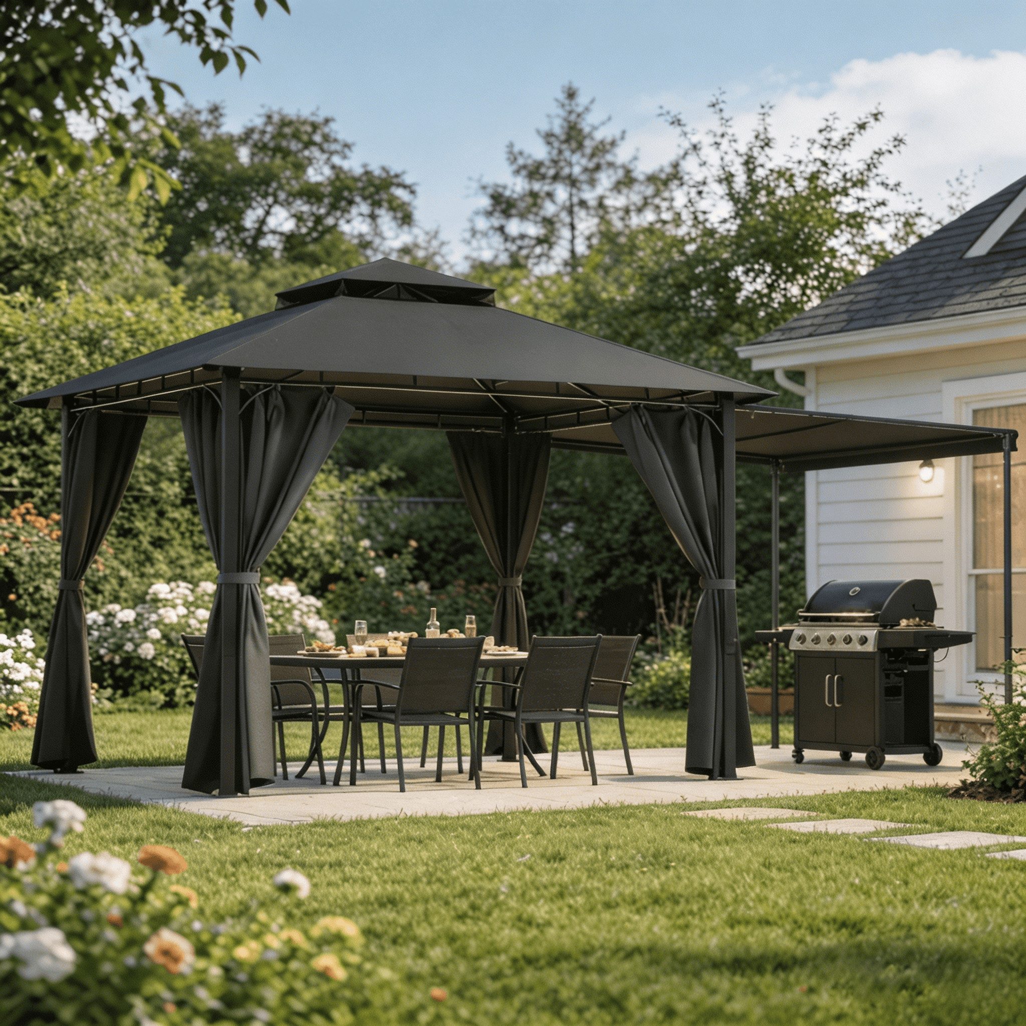 HOMALL Pavillon Extend Grillpavillon, mit 1.8m ausklappbarer Seitenveranda, mit 4 Seitenteilen, (Ausziehbarer Seitenmarkise flexibel verstellbare Schattenflächen), Verstellbarer Pavillon 3–4,7 m, mit Moskitonetz für 6-10 Personen