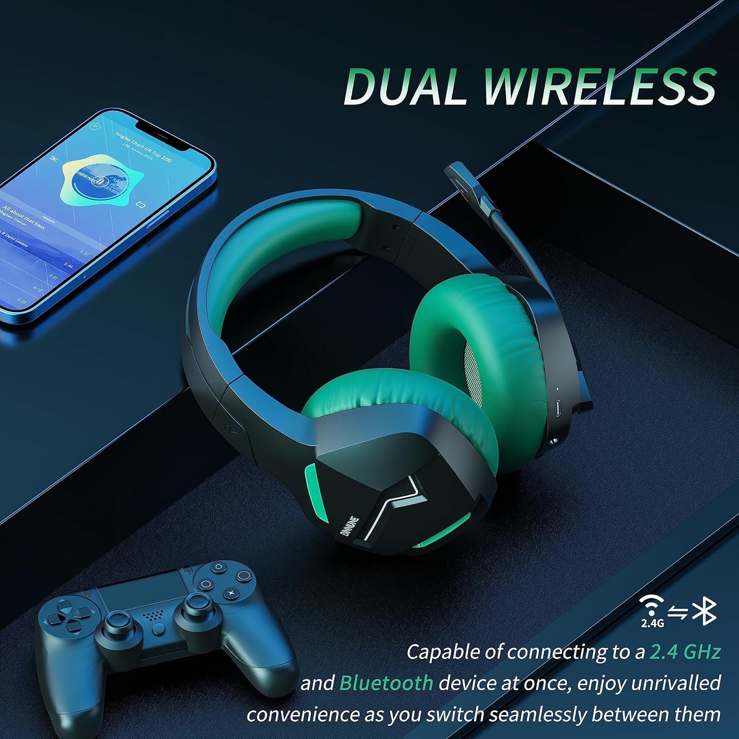 Bluetooth Gaming-Headset Wireless (Niedrige High-Fidelity-Sound, Kabellos, BINNUNE PS4 Playstation, Gaming) PC für kabellose Headset für 2,4-GHz-Latenz mit Mikrofon