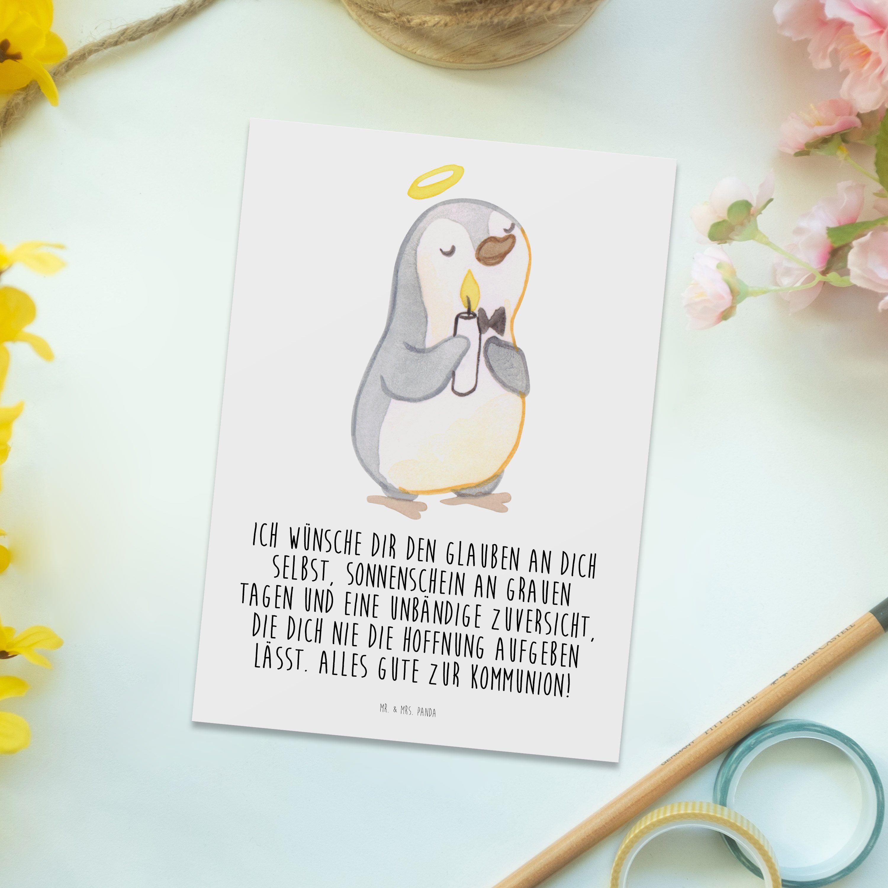 Mr. & Mrs. Panda Postkarte Kon Kommunion Pinguin Weiß Geschenkkarte, - Geschenk, - Konfirmation