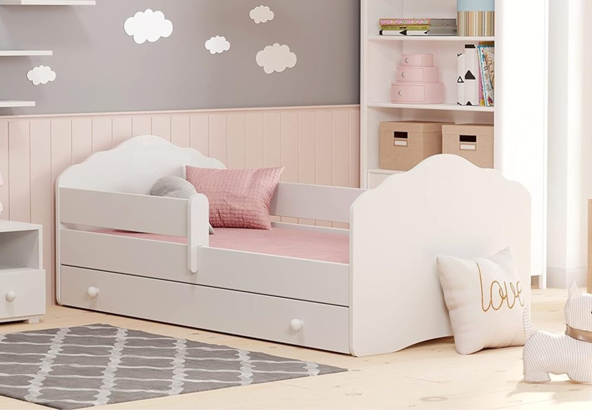 Kids Collective Kinderbett für Mädchen mit Matratze und Schublade & Lattenrost (70x140, 80x160 cm Jugendbett Einzelbett Komplettbett in weiß), Bett für Kinder Bett komplett Set Rausfallschutz Kinderbett 80x160 cm