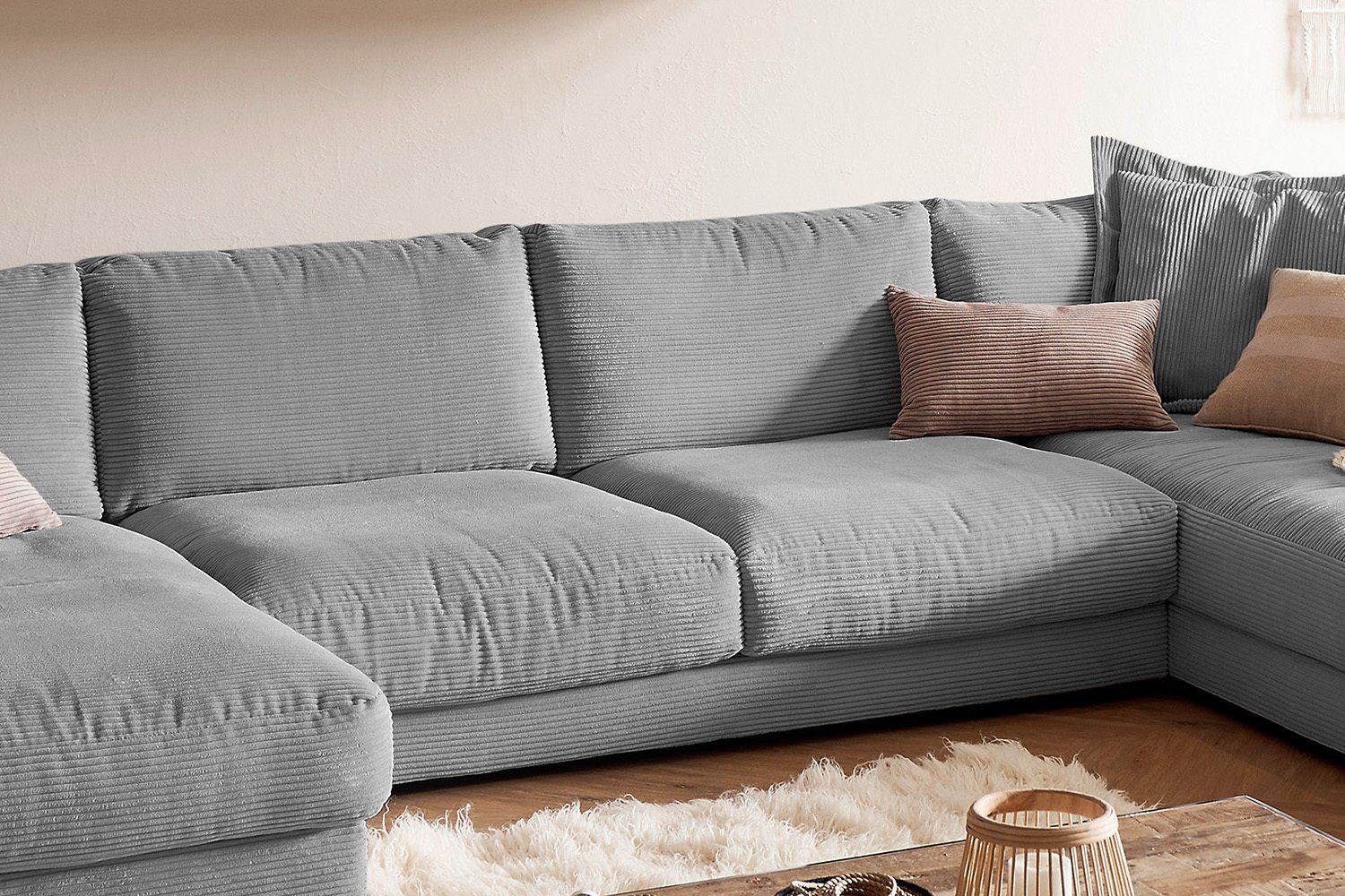 links, Sofa rechts Longchair MADELINE, U-Form Cord, grau KAWOLA Wohnlandschaft Farben od. versch.