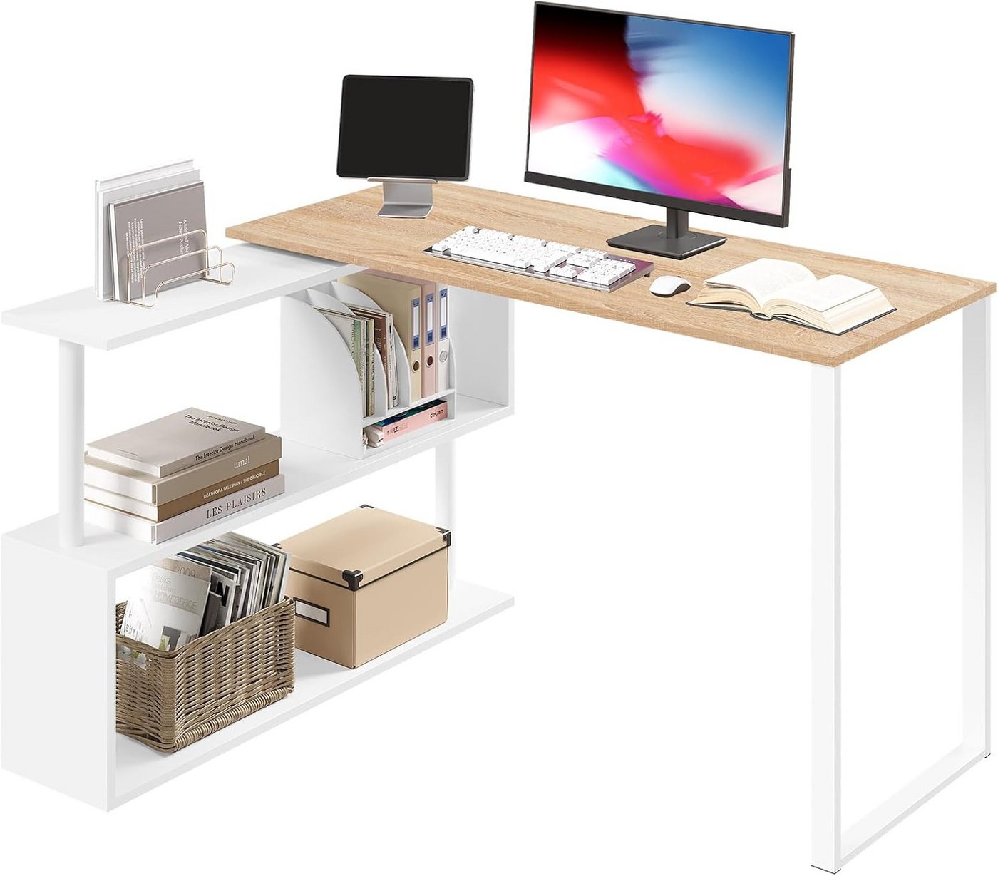 Woltu Schreibtisch (1-St), Bürotisch mit Ablagen, 120x100x74cm(BxTxH), MDF