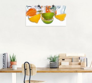 Artland Wandbild Zitrusfrüchte fallen in klares Wasser, Lebensmittel (1 St), als Leinwandbild, Poster, Wandaufkleber in verschied. Größen