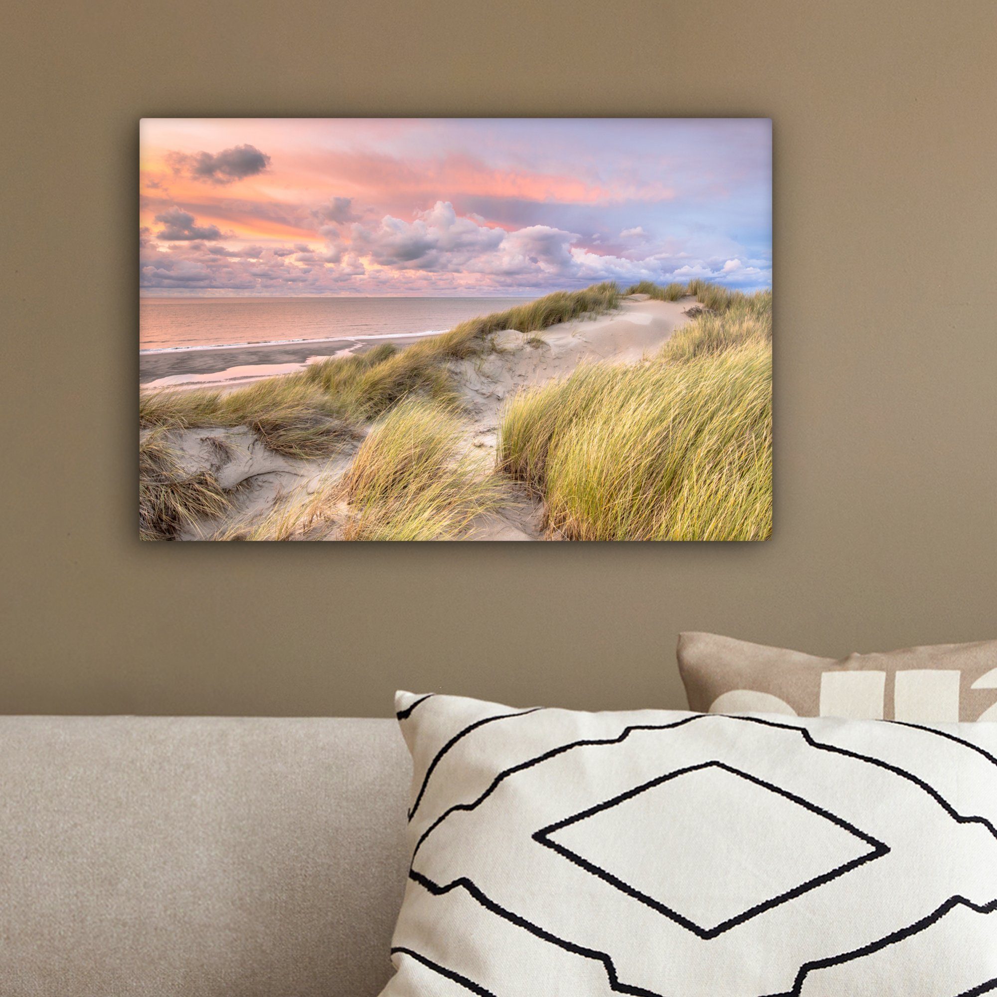 Aufhängefertig, Strand Sonnenuntergang, - - Leinwandbild cm OneMillionCanvasses® Meer Wandbild Düne St), - (1 Wanddeko, 30x20 Leinwandbilder,