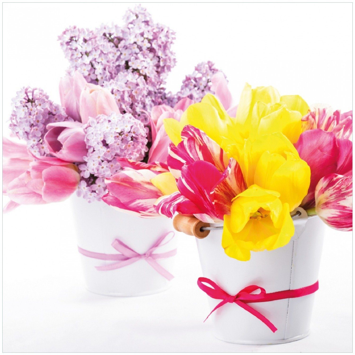 Wallario Memoboard Zwei Blumen-Bouquets aus gelben und roten Tulpen und Flieder
