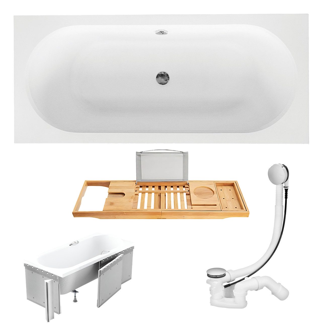 KOLMAN Badewanne Rechteck VITAE 180x80 mit Styroporverkleidung + Bambus Ablage