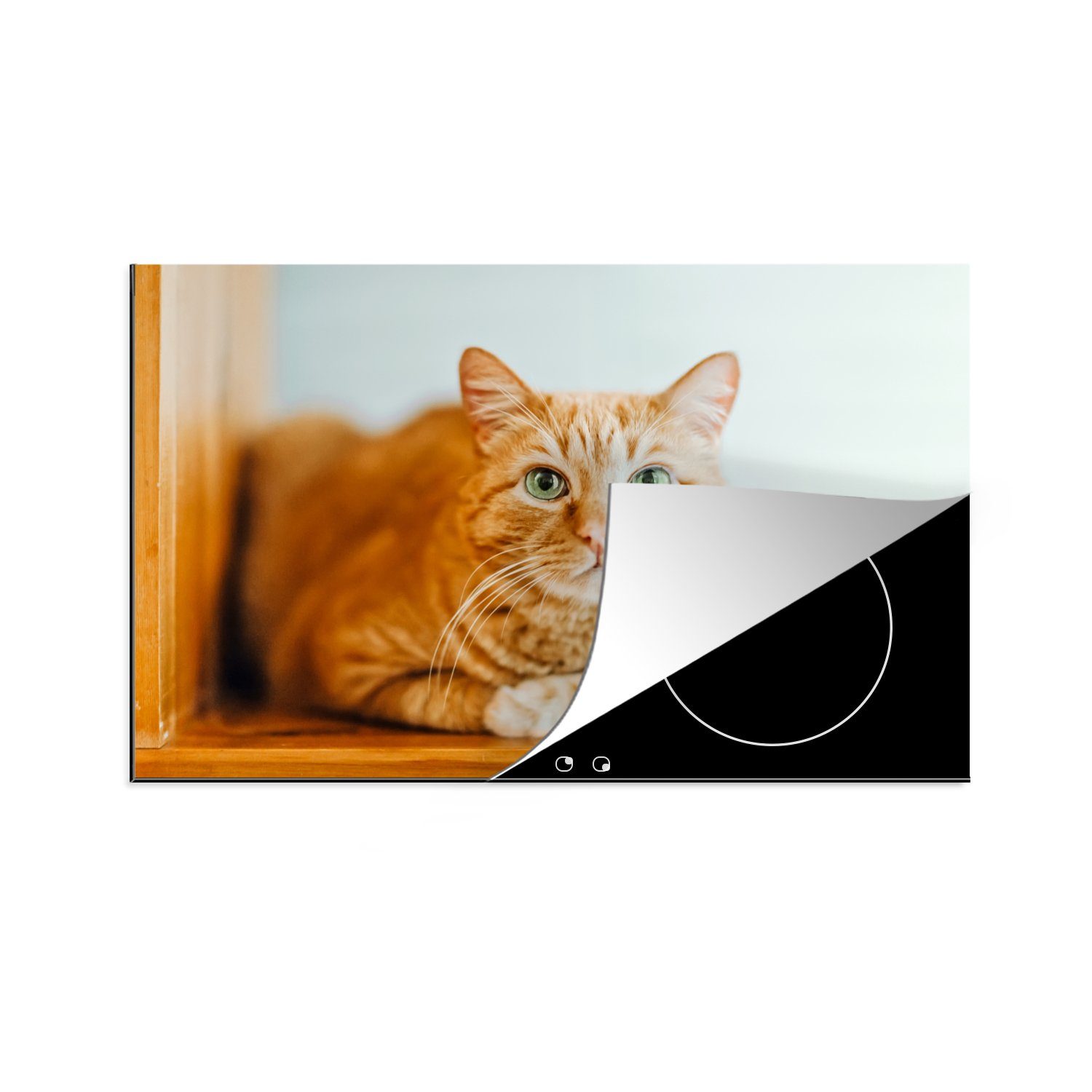 MuchoWow Herdblende-/Abdeckplatte Katze - Holz - Schrank, Vinyl, (1 tlg), 81x52 cm, Induktionskochfeld Schutz für die küche, Ceranfeldabdeckung