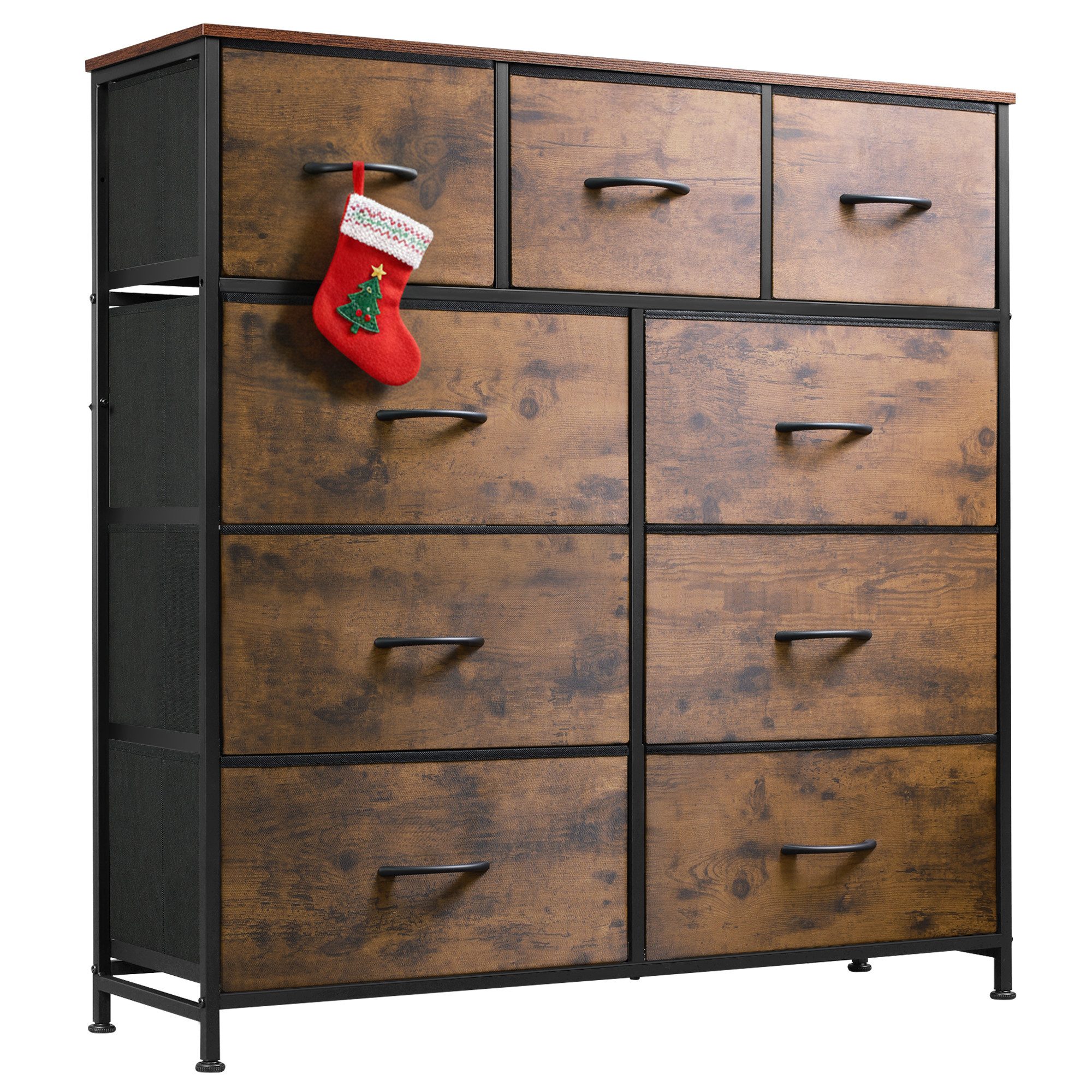 WLIVE Kommode mit 9 Stoffschubladen, Schubladenkommode 100 × 30 × 102 cm (Packung, Stauraumkommode für Schlafzimmer Wohnzimmer Flur), Stahlrahmen & MDF-Holzplatte, Vintagebraun-Schwarz