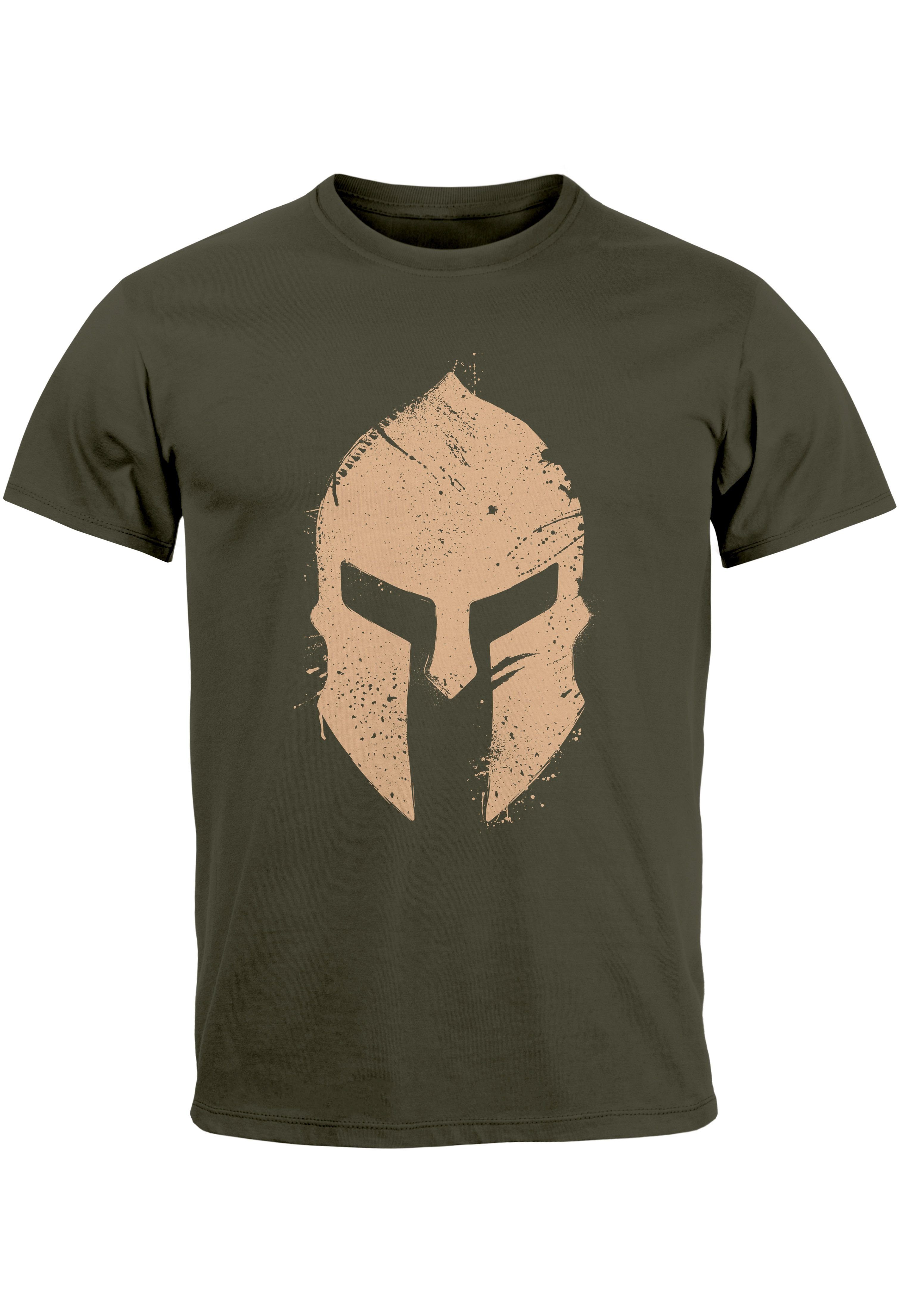 Neverless Print-Shirt Herren T-Shirt Print Sparta-Helm Aufdruck Gladiator Krieger Warrior Sp mit Print army | T-Shirts