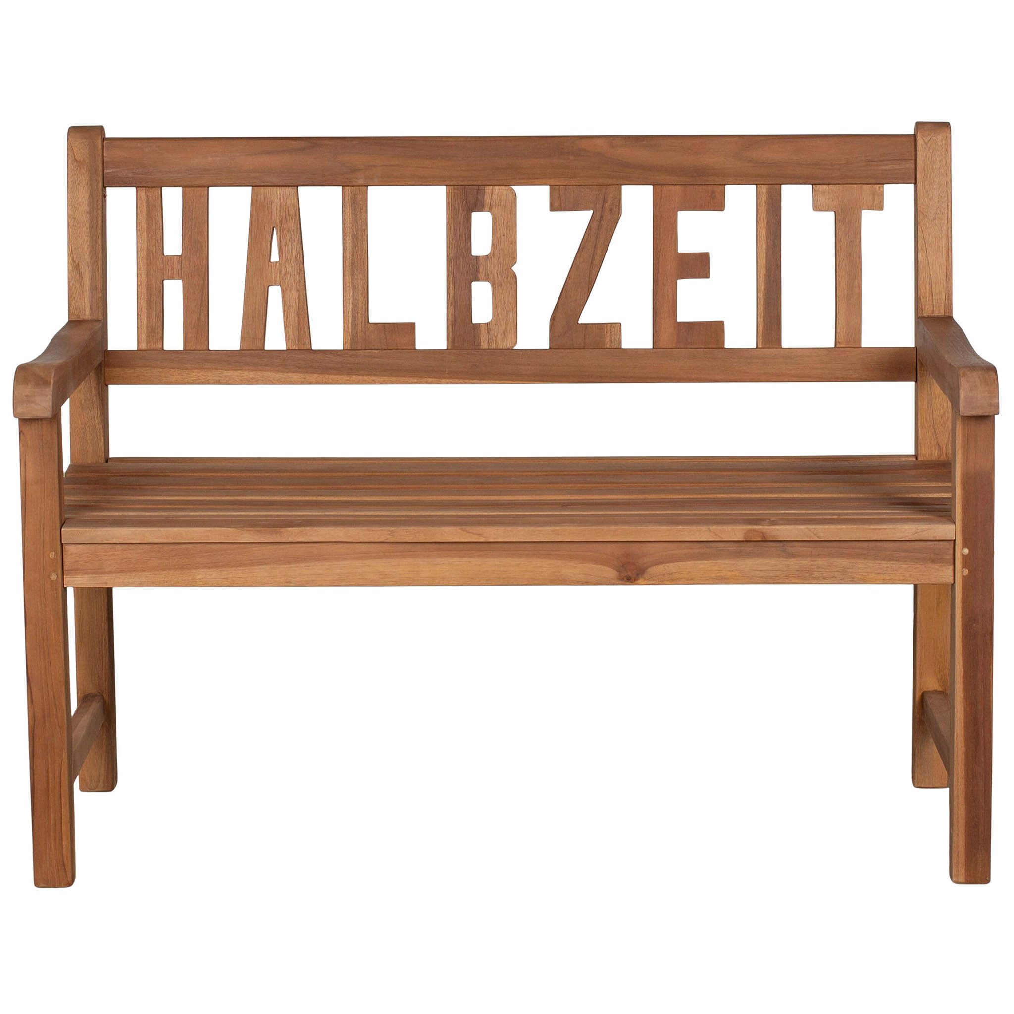 bene living Gartenbank HALBZEIT 120 cm - Teakholz, geschwungende Armlehnen - Rückenlehnen mit HALBZEIT-Schriftzug