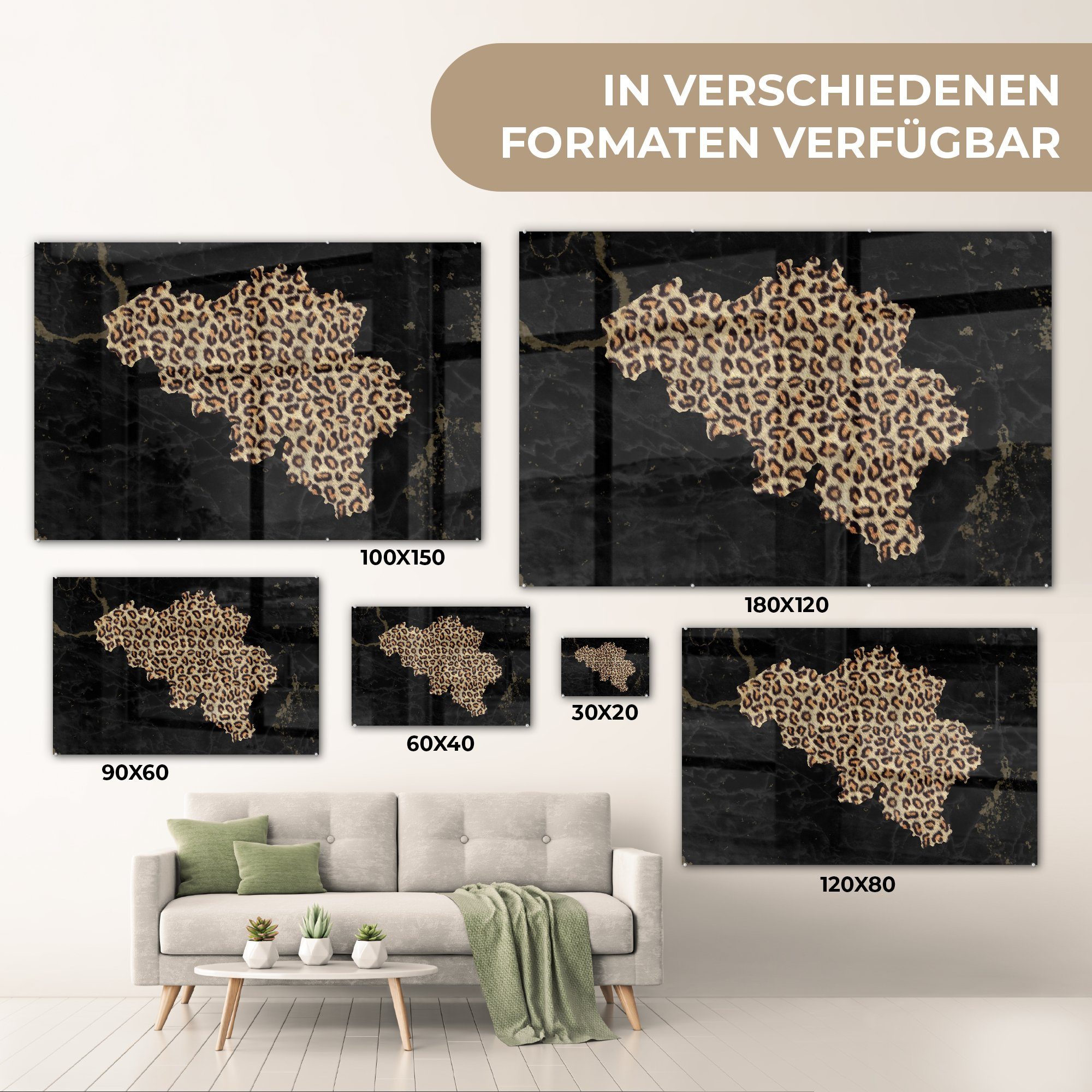 MuchoWow Acrylglasbild Karte - Belgien - St), Wohnzimmer & Acrylglasbilder Schlafzimmer Pantherdruck, (1