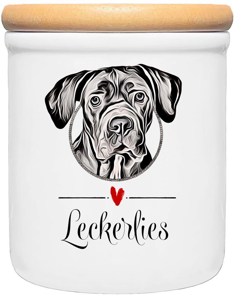Cadouri Vorratsdose CANE CORSO - Leckerlidose Hund - für Hundekekse, Keramik, (Leckerlidose mit Hunderasse, 2-tlg., 1x Keramikdose mit Holzdeckel), Hundekeksdose, handgefertigt in Deutschland, für Hundebesitzer, 400 ml
