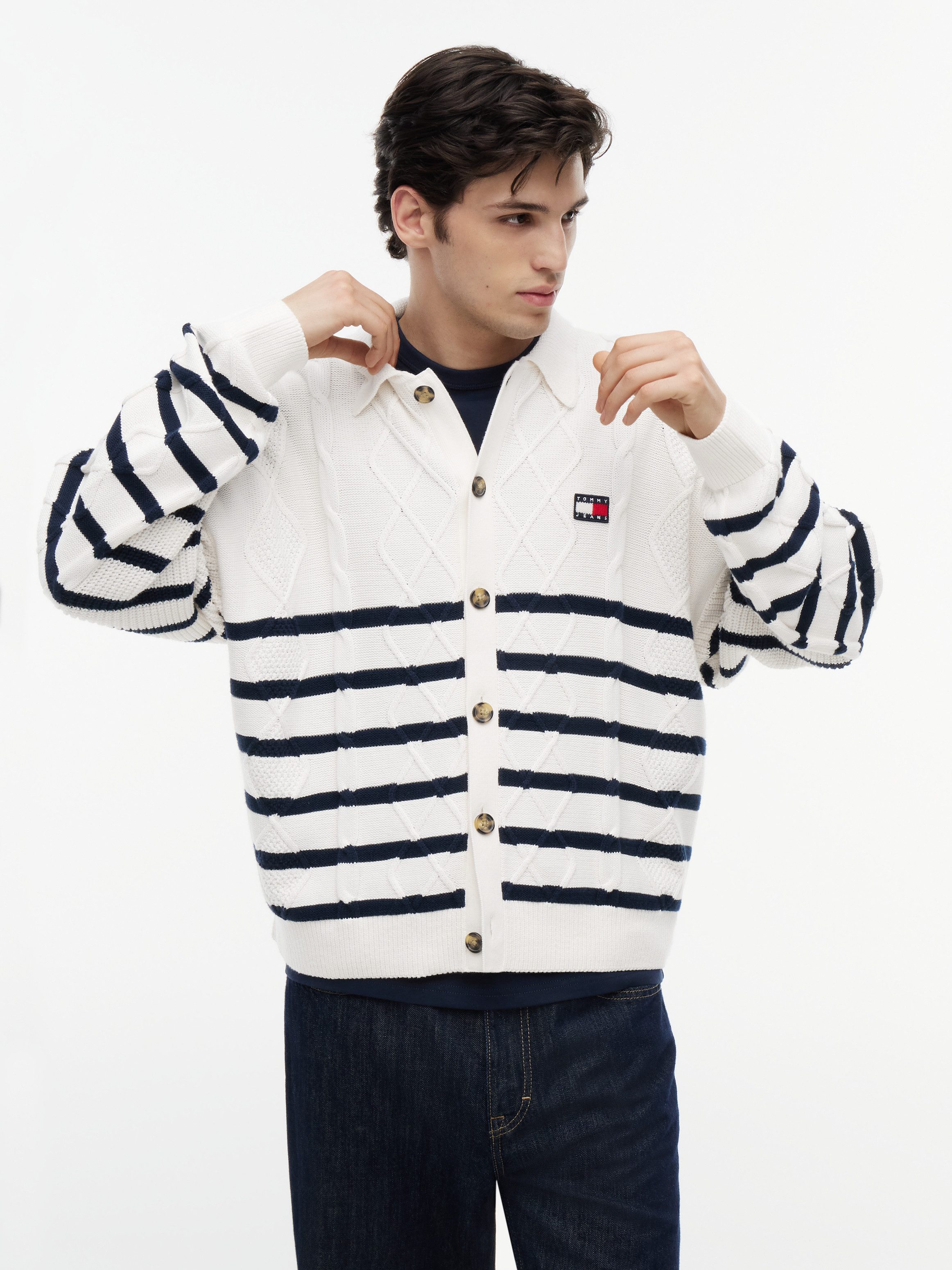 Tommy Jeans Cardigan RELAXED STRIPE CABLE BUTTONUP Relaxed fit mit Zopfstrickmuster