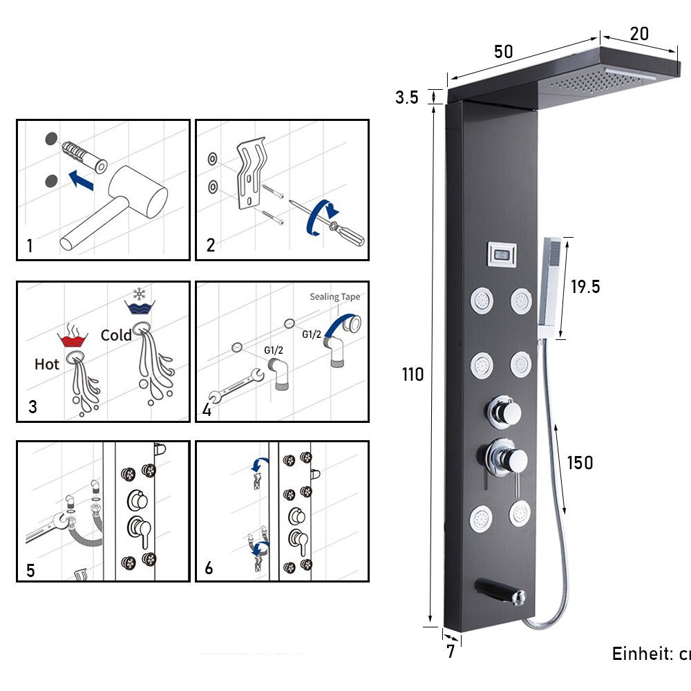 Strahlart(en), Regendusche mit Duschset,5 Massagedüsen XERSEK Schwarz Duschsystem LCD,Edelstahl, Strahlarten mit 5 Armatur,Duschsystem und Duschpaneel