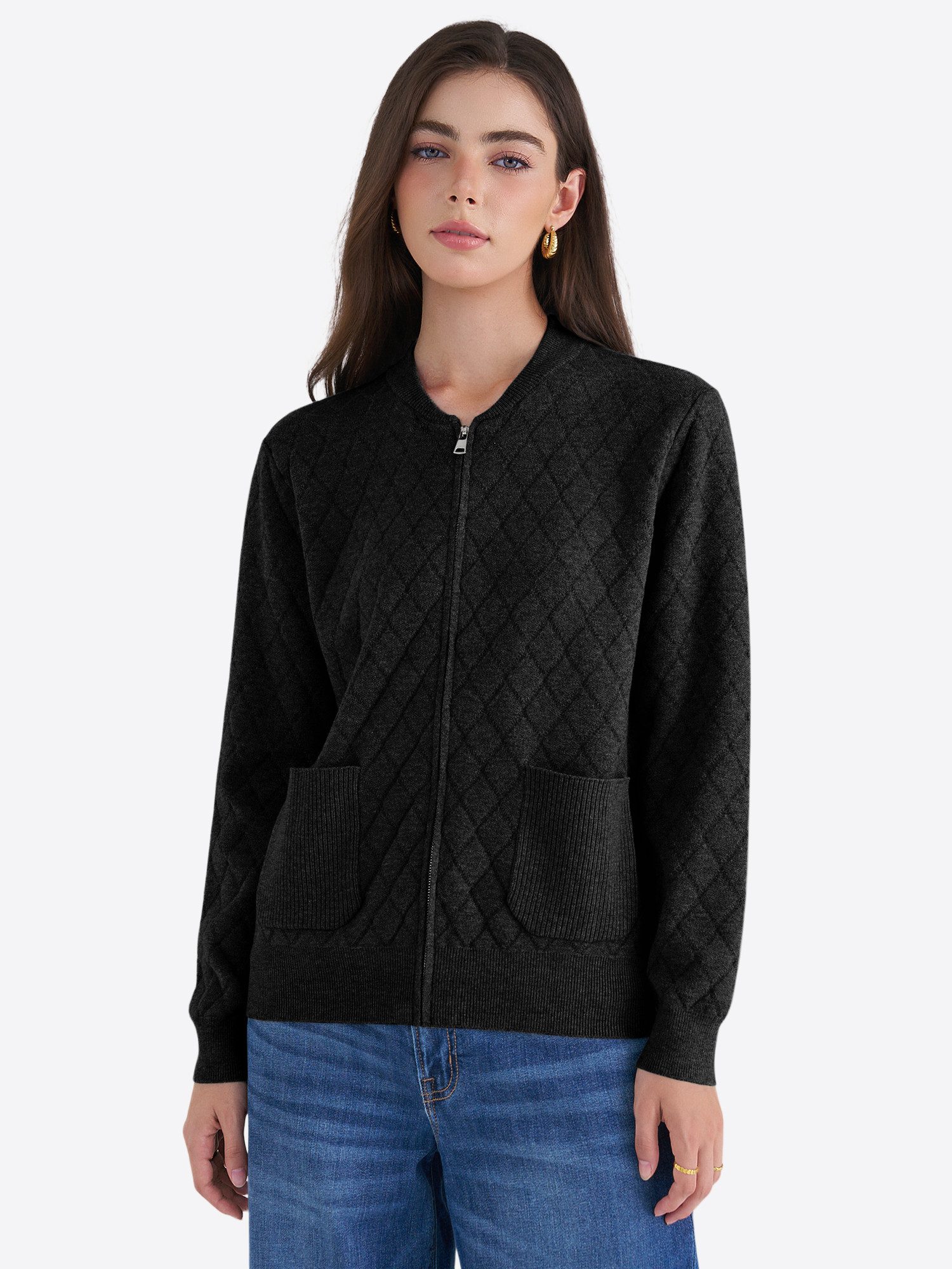 Imily Bela Cardigan Damen Strickjacke mit Rauten‑Strickmuster, Reißverschluss und Taschen (Packung, 1-tlg., 1per-Pack) in Unifarbe