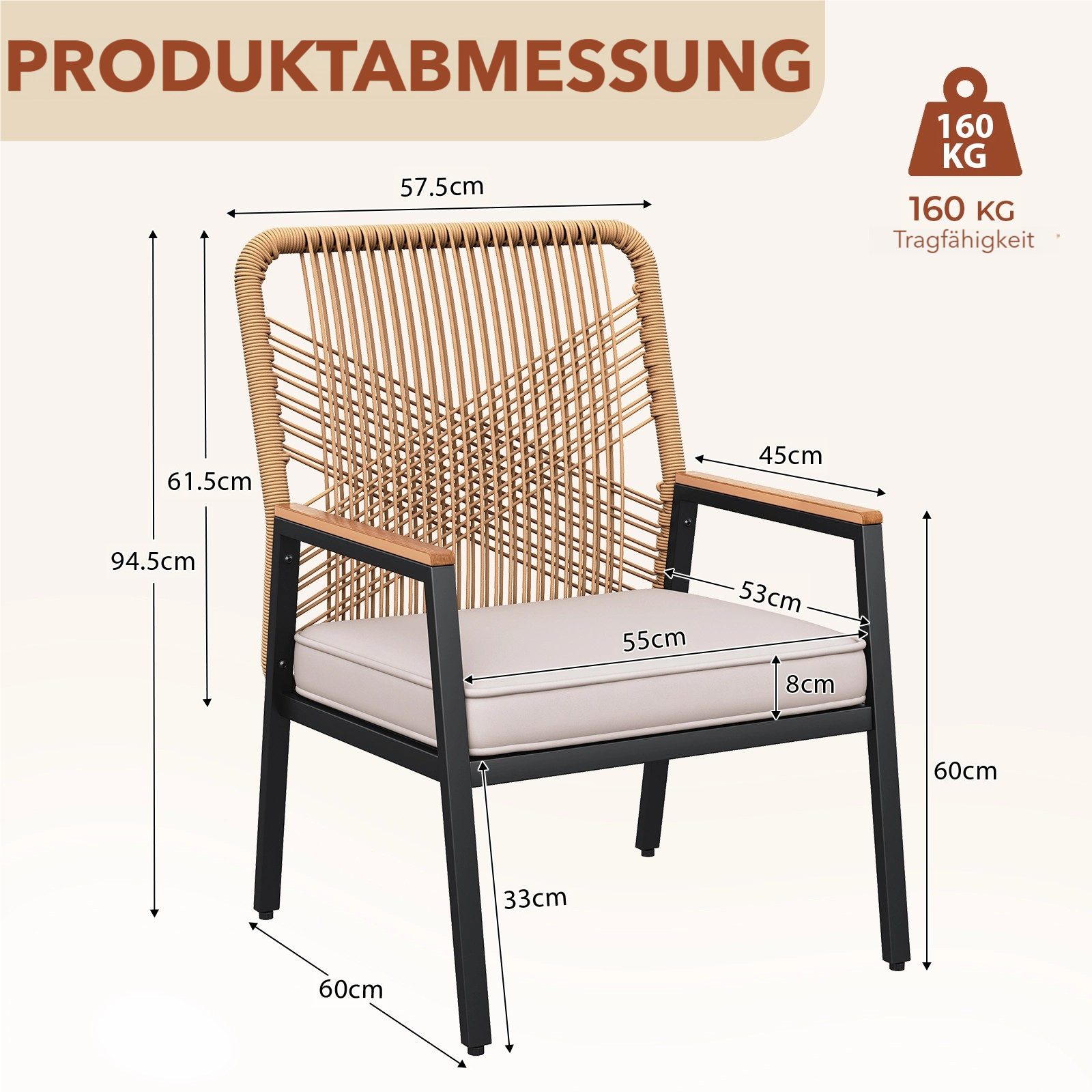 TLGREEN Gartenstuhl Eisen-Rattan Gartensessel,verbreiterter Sitz, (Balkonstühle Metall und Rattan, mit 8 cm dicken Sitzkissen, 2 St), 160 kg Belastbar für Terrasse, Garten und Veranda