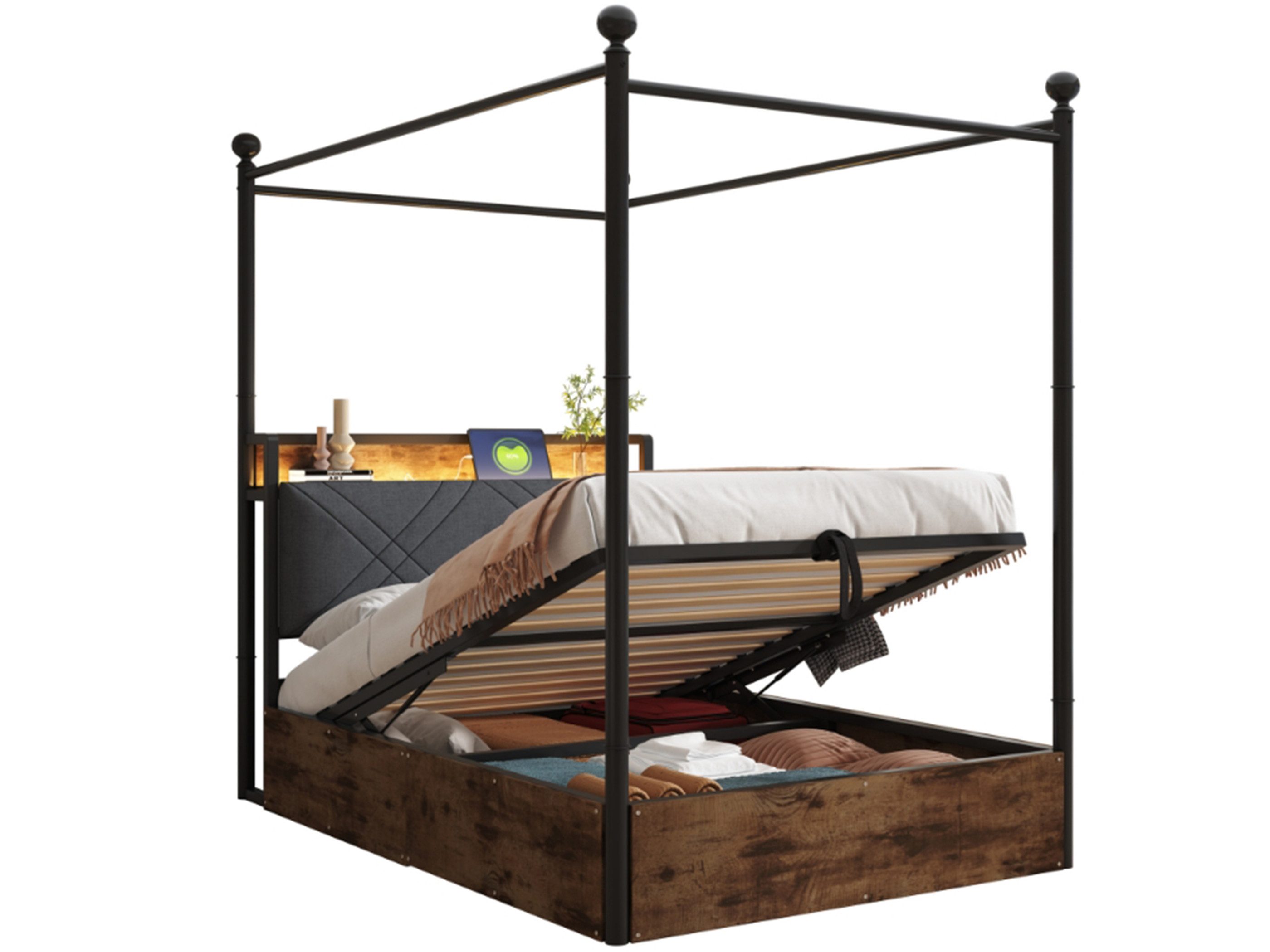 SeedWave Holzbett Modernes LED Himmelbett mit Stauraum, Ladefunktion, 90/140×190cm, Hydraulisches Bett inkl. Bettkasten, Steckdosen, USB Anschlüsse